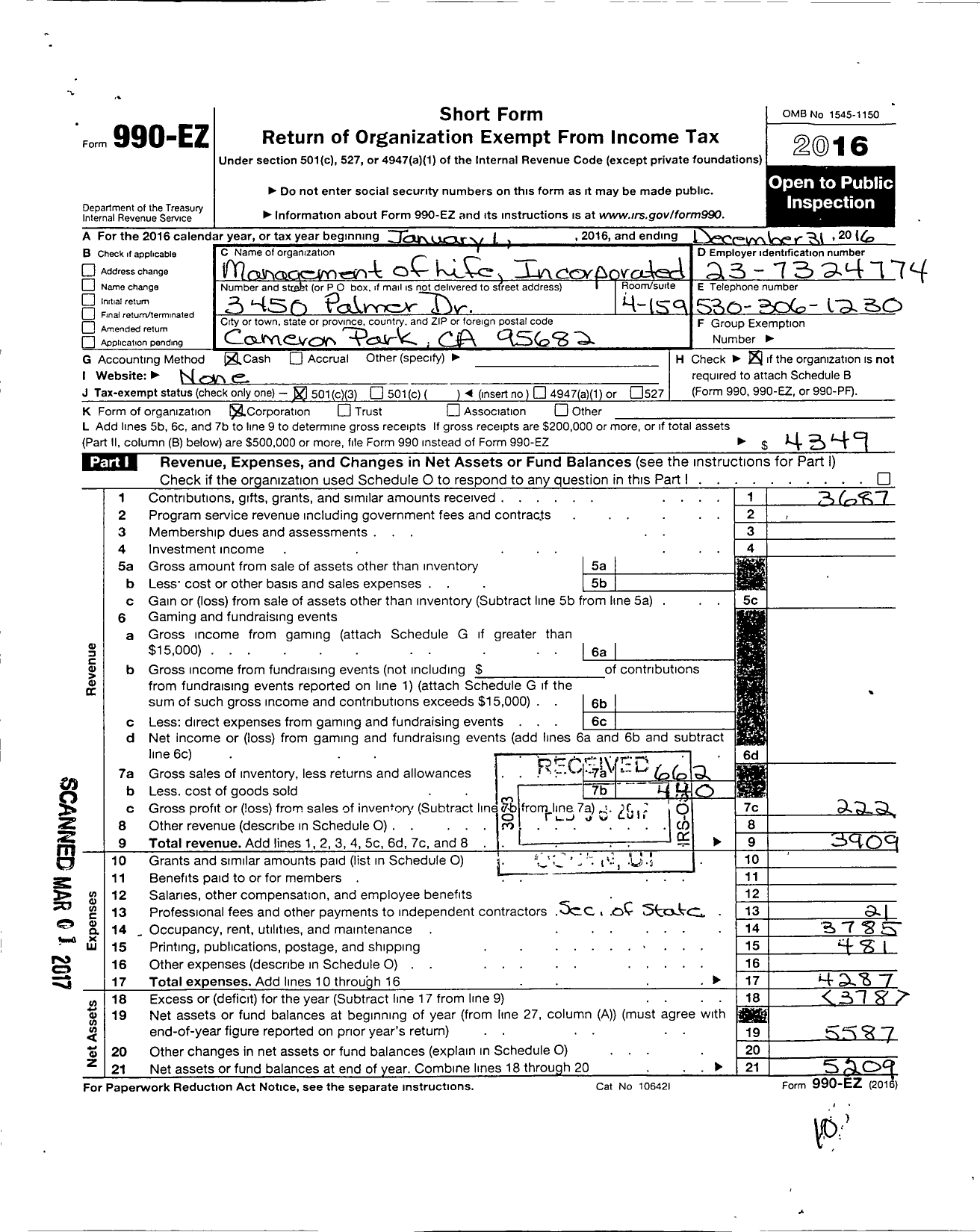 Image of first page of 2016 Form 990EZ for Management of Life Incorporated