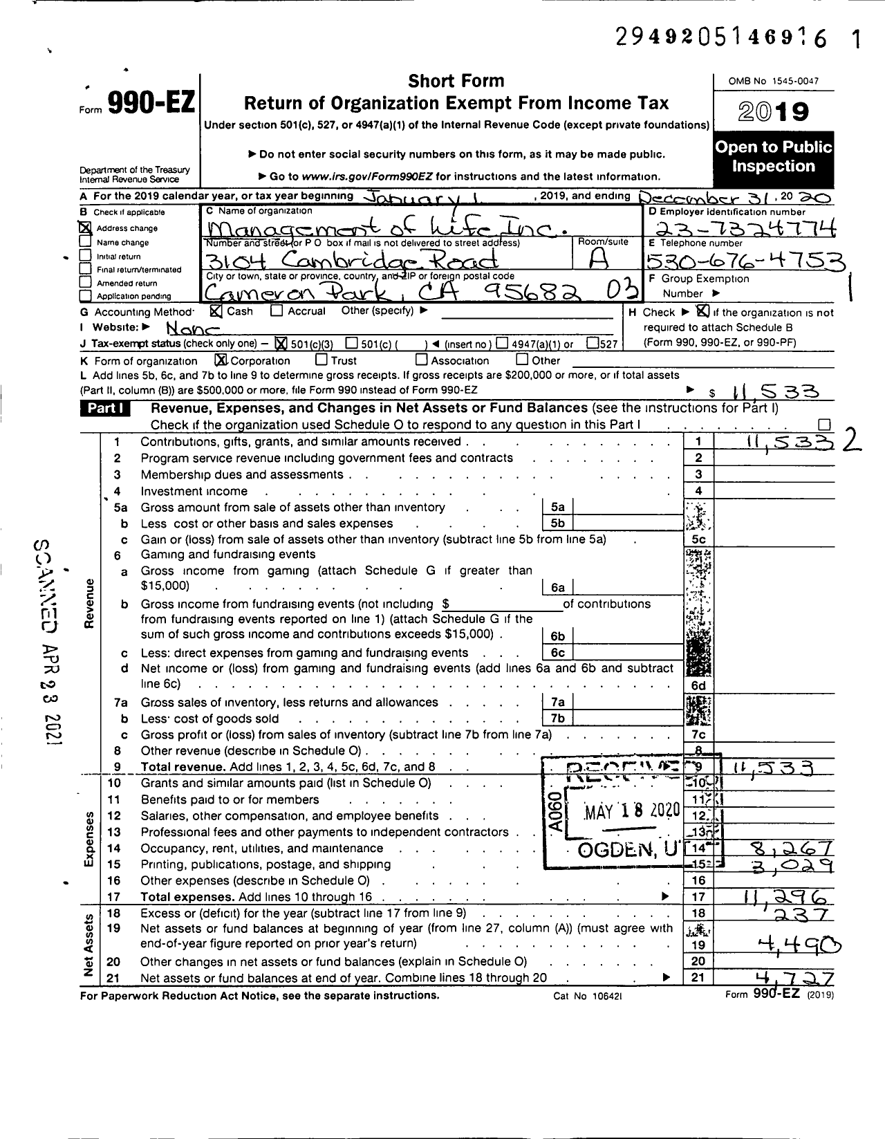 Image of first page of 2020 Form 990EZ for Management of Life Incorporated