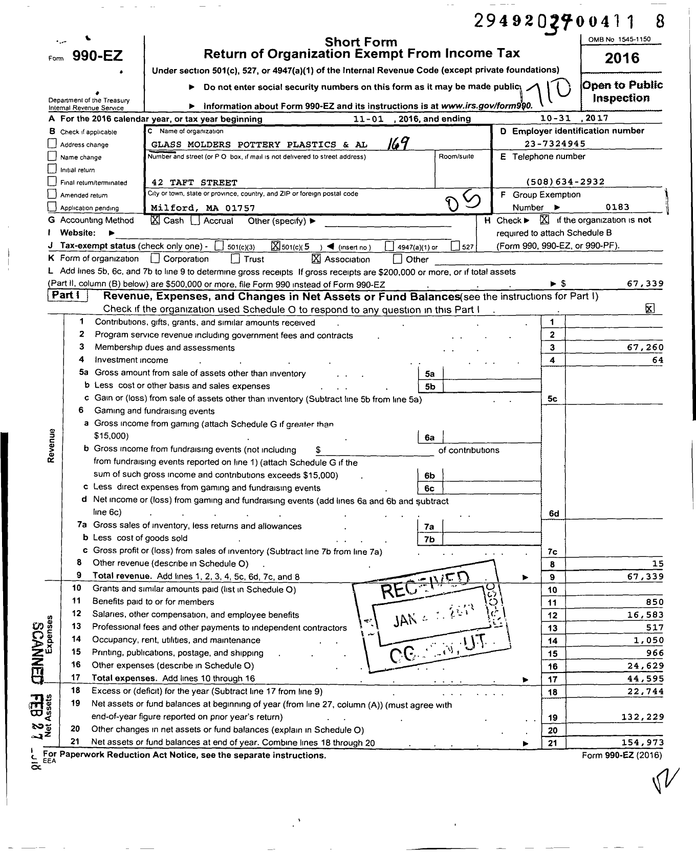 Image of first page of 2016 Form 990EO for Glass Molders Pottery Plastics and Allied Workers - 00169 Local