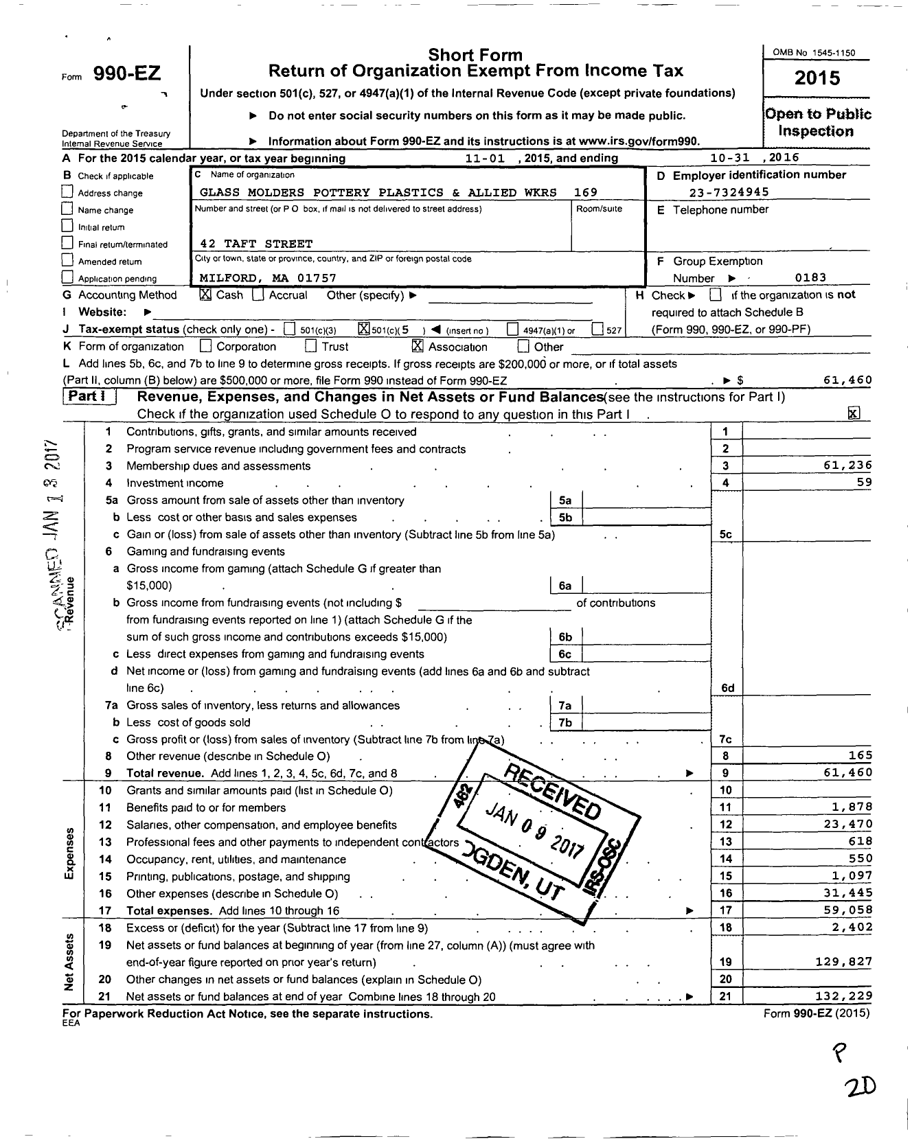 Image of first page of 2015 Form 990EO for Glass Molders Pottery Plastics and Allied Workers - 00169 Local