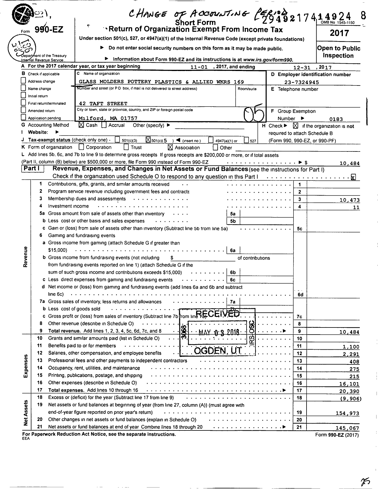 Image of first page of 2017 Form 990EO for Glass Molders Pottery Plastics and Allied Workers - 00169 Local