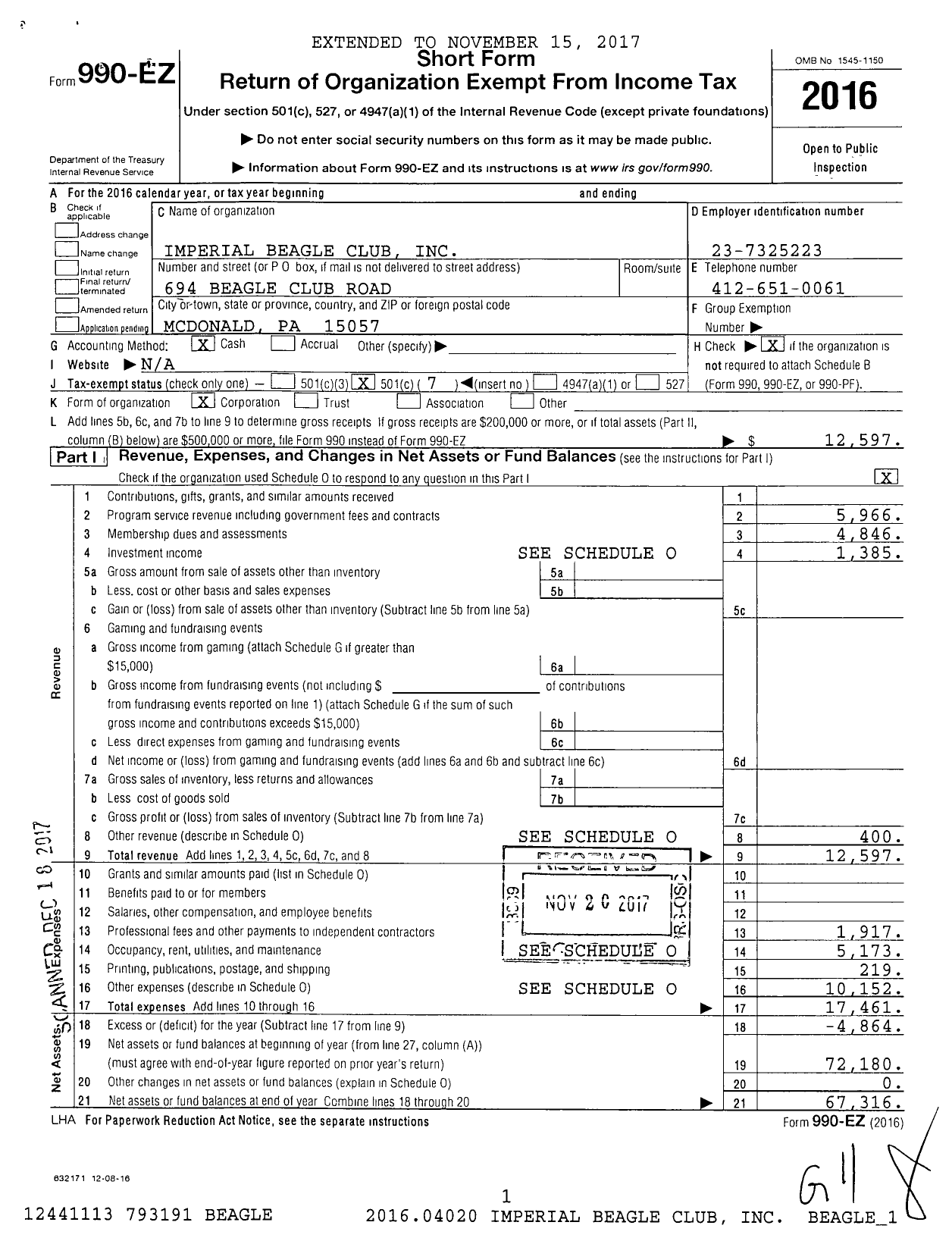 Image of first page of 2016 Form 990EO for Imperial Beagle Club