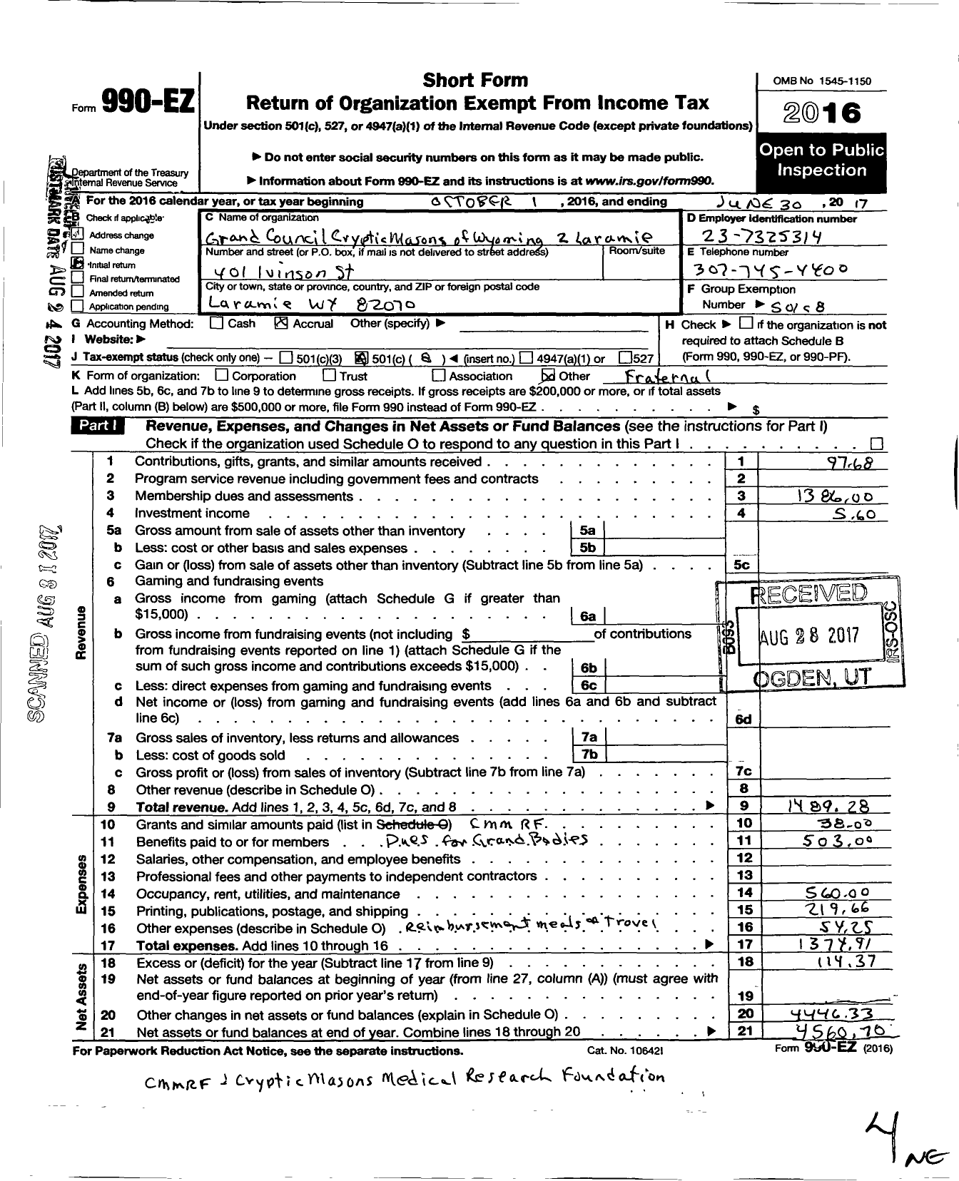 Image of first page of 2016 Form 990EO for Grand Council of Cryptic Masons of Wyoming - 2 Laramie Council