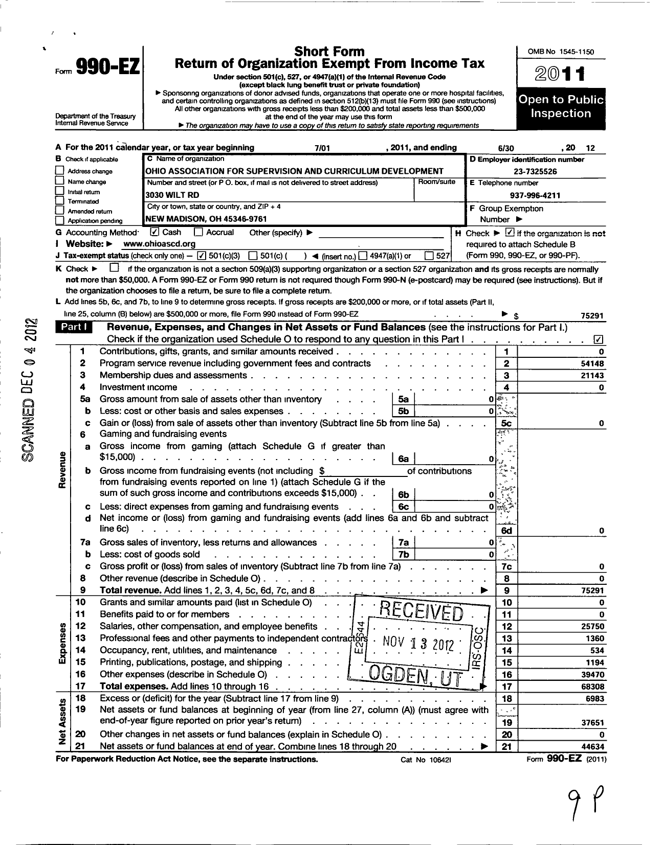 Image of first page of 2011 Form 990EZ for Ohio Association for Supervision and Curriculum Development