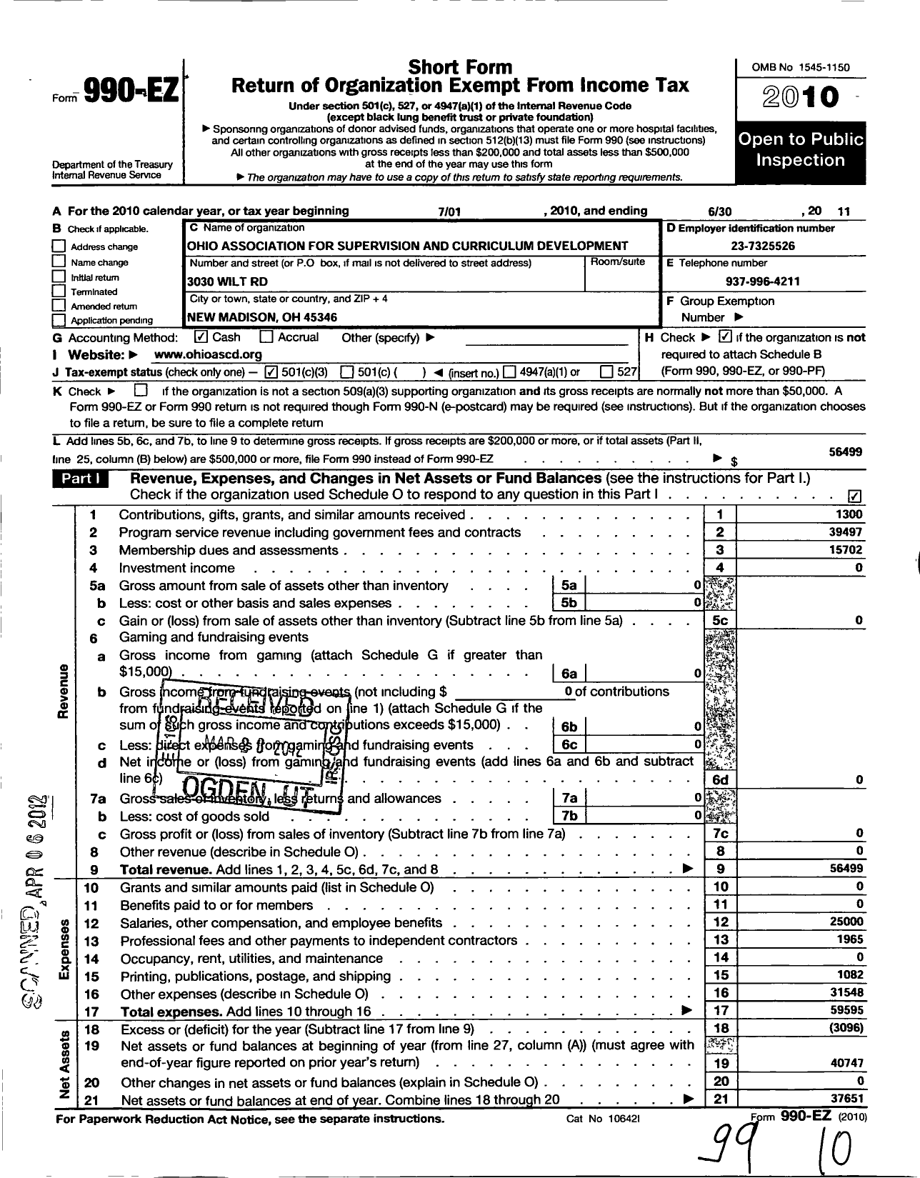 Image of first page of 2010 Form 990EZ for Ohio Association for Supervision and Curriculum Development