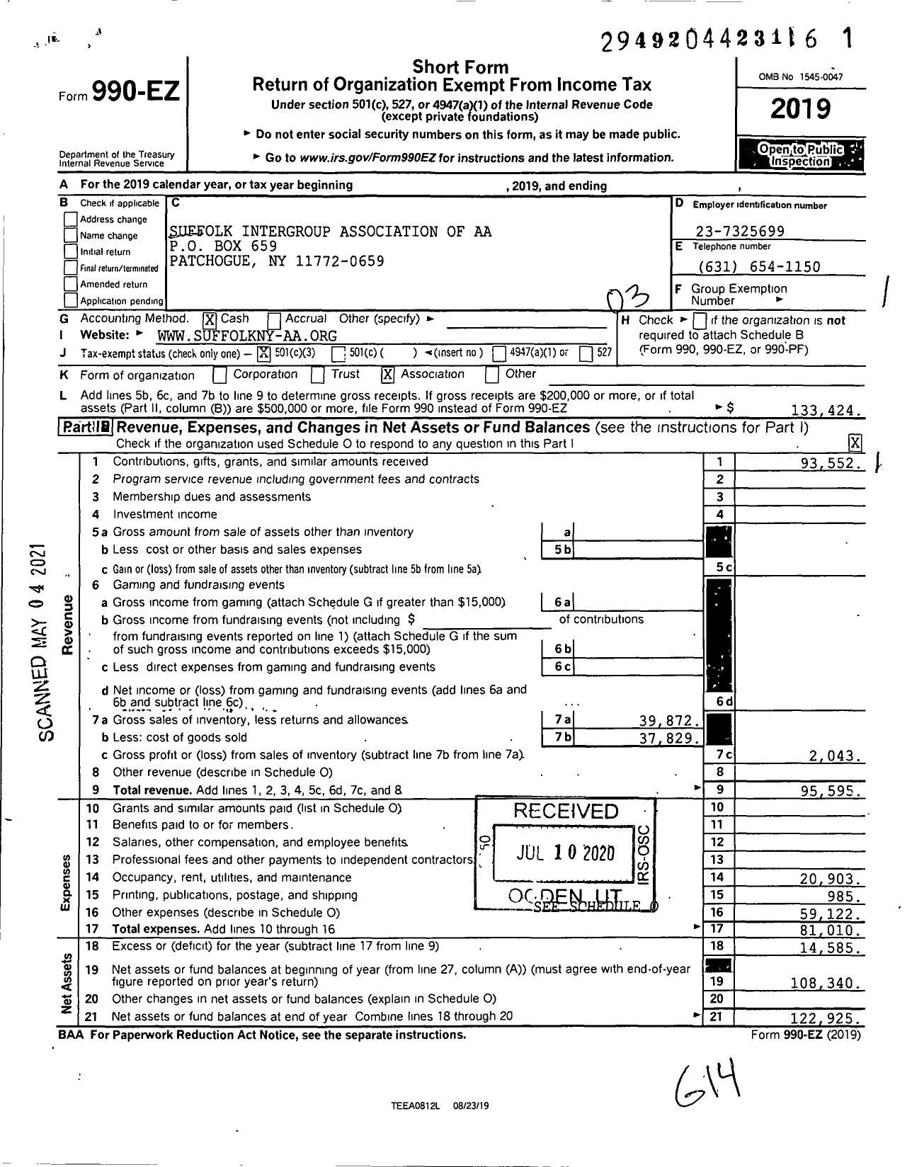 Image of first page of 2019 Form 990EZ for Suffolk Intergroup Association of Alcoholics Anonymous