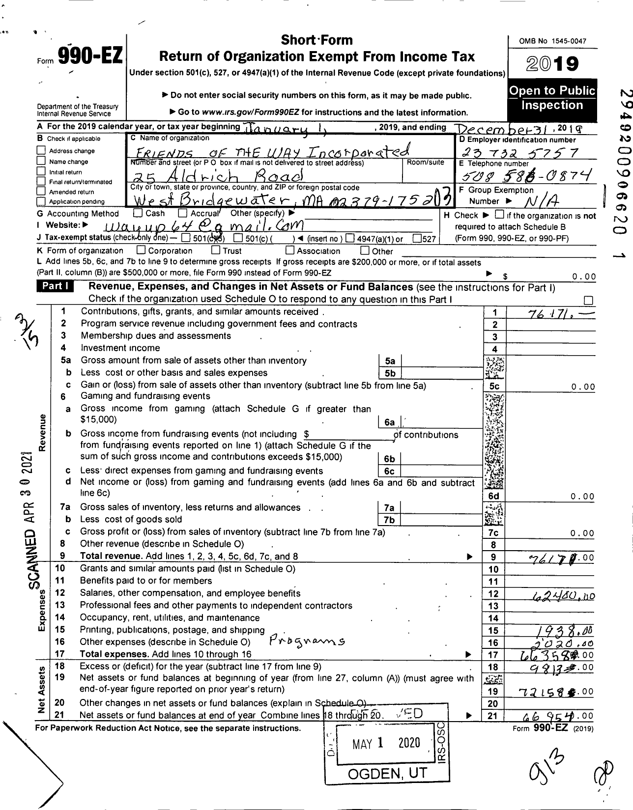 Image of first page of 2019 Form 990EZ for Friends of the Way Incorporated