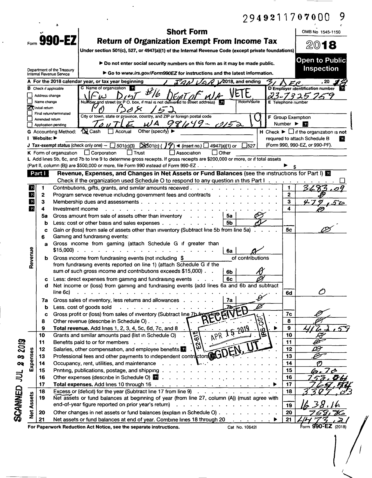 Image of first page of 2018 Form 990EO for VFW Department of Washington - 16 District