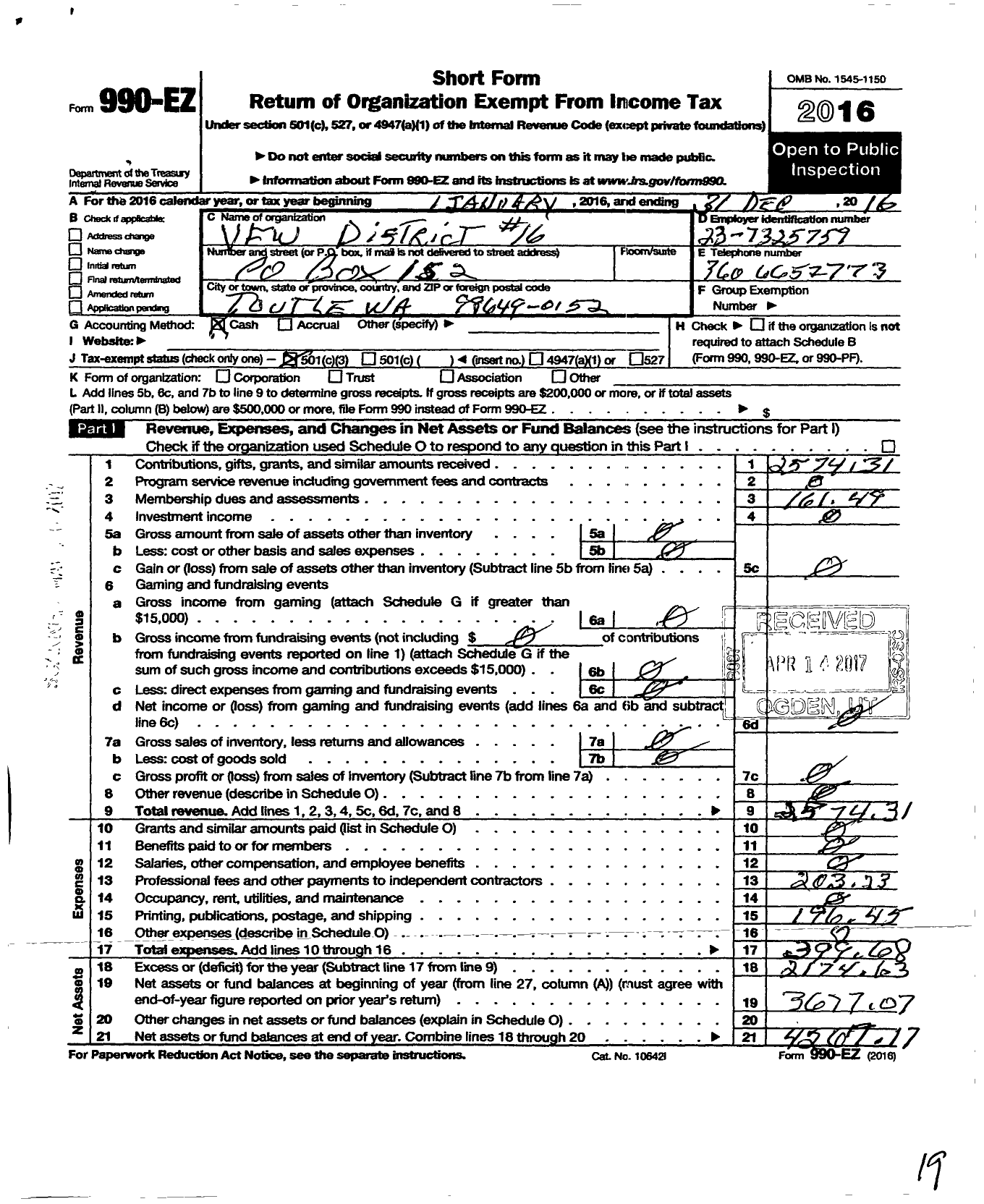 Image of first page of 2016 Form 990EZ for VFW Department of Washington - 16 District