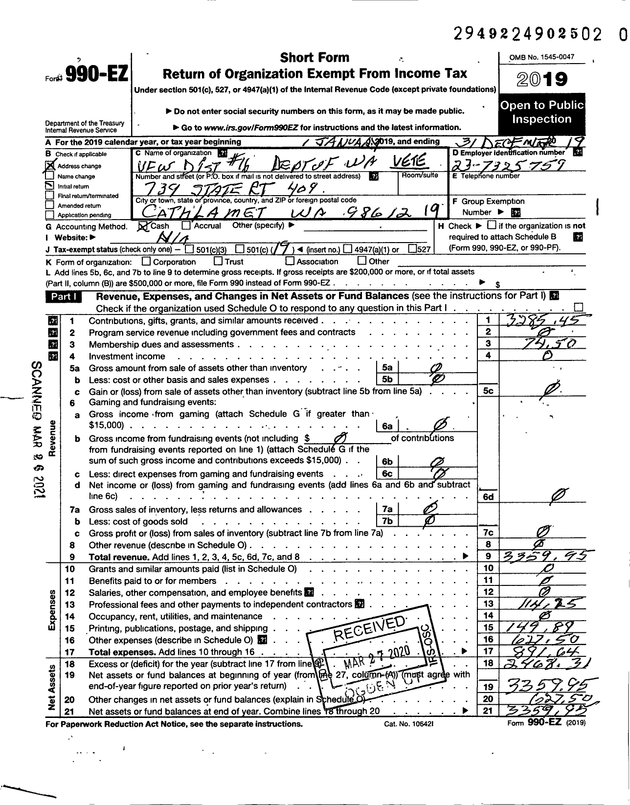 Image of first page of 2019 Form 990EO for VFW Department of Washington - 16 District