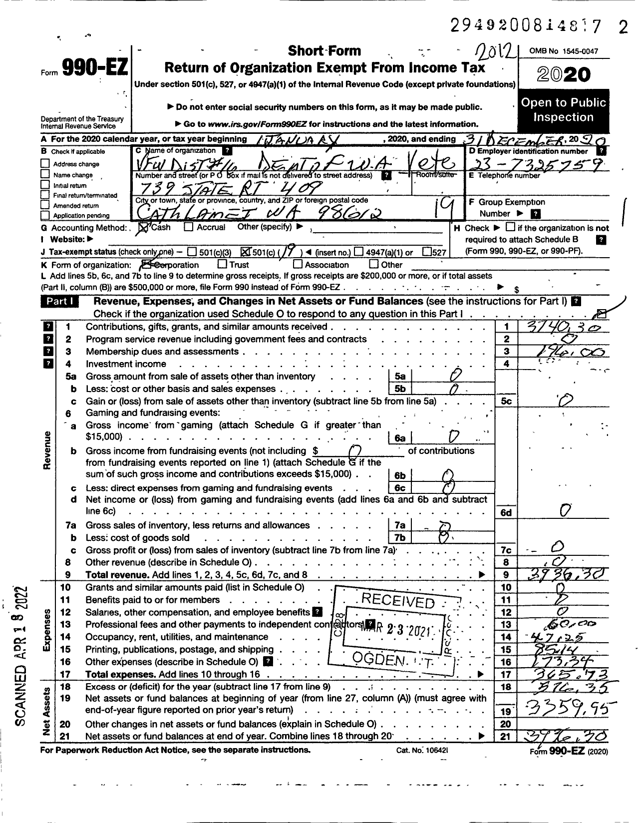 Image of first page of 2020 Form 990EO for VFW Department of Washington - 16 District