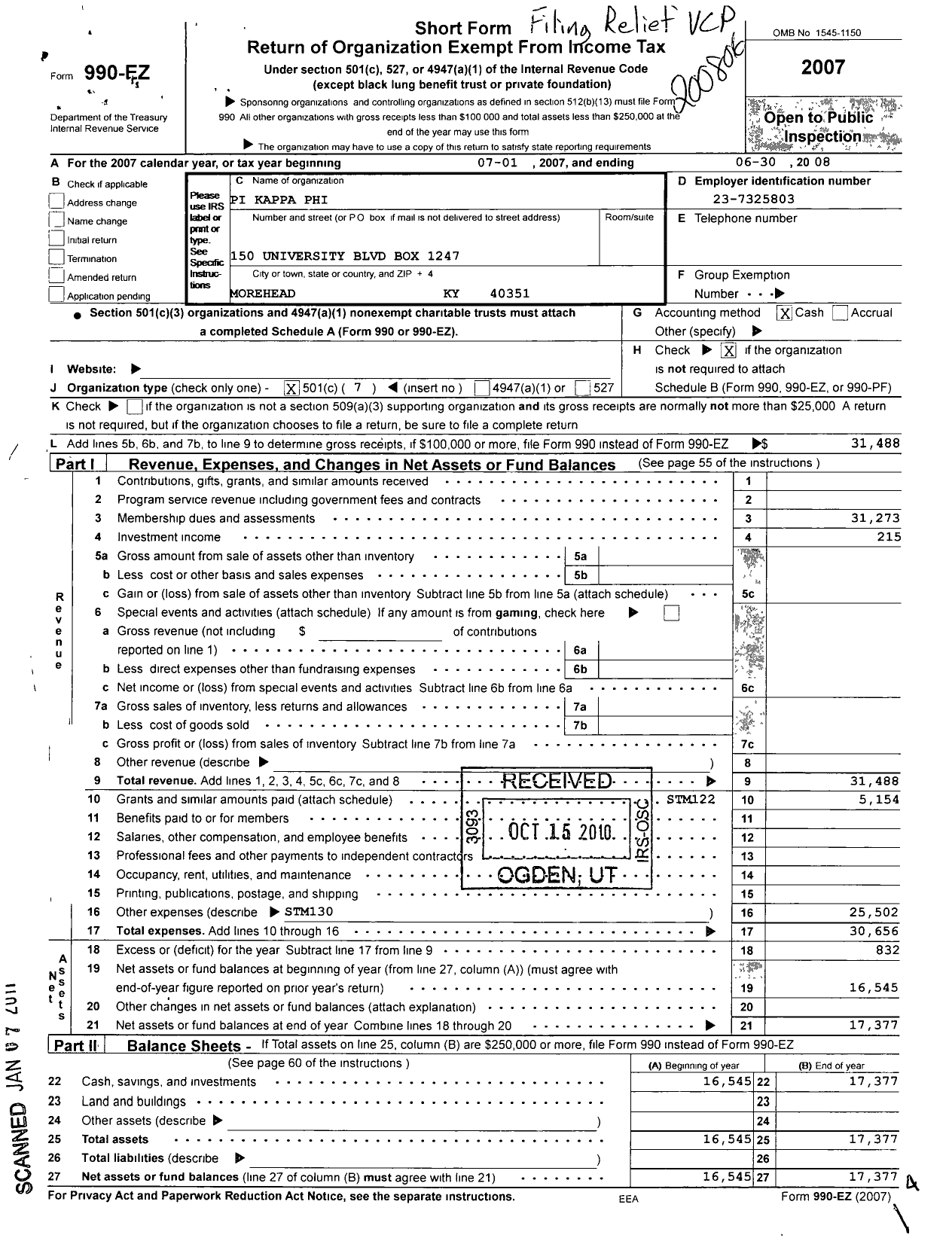 Image of first page of 2007 Form 990EO for Pi Kappa Phi Fraternity