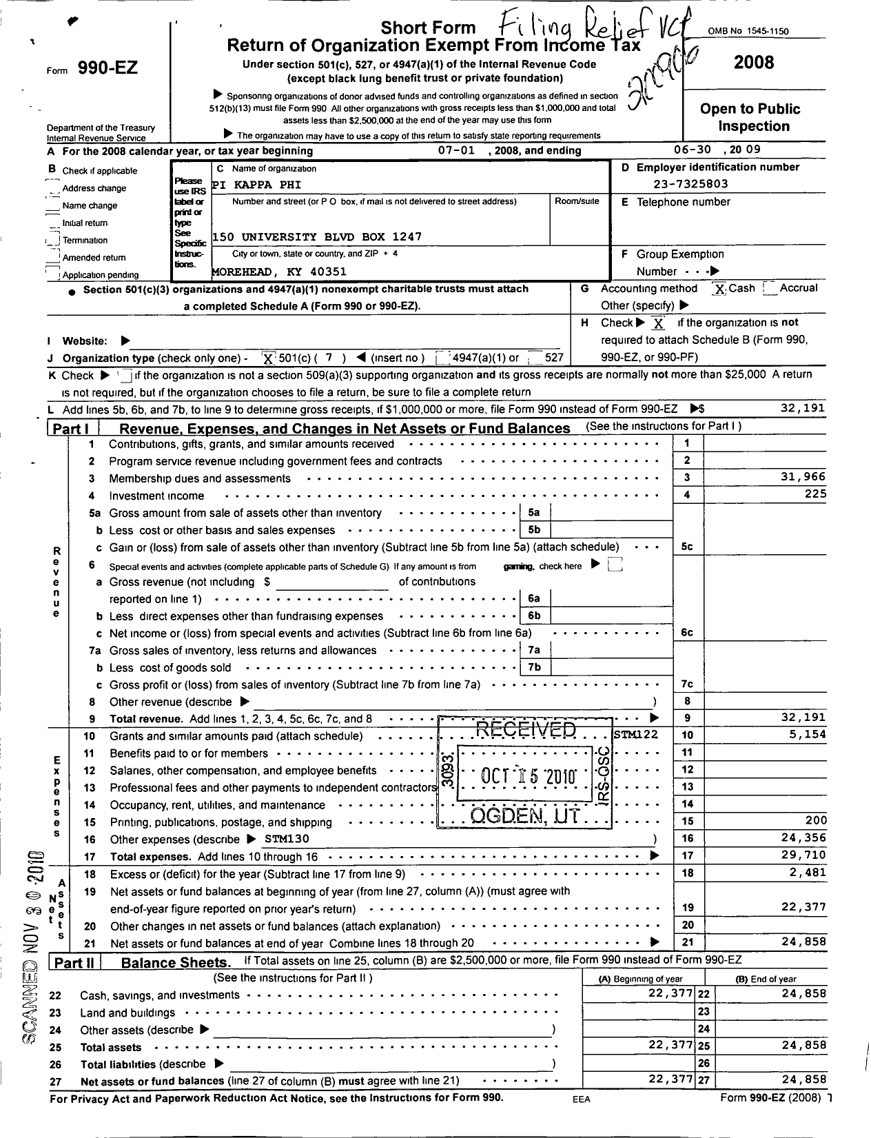 Image of first page of 2008 Form 990EO for Pi Kappa Phi Fraternity