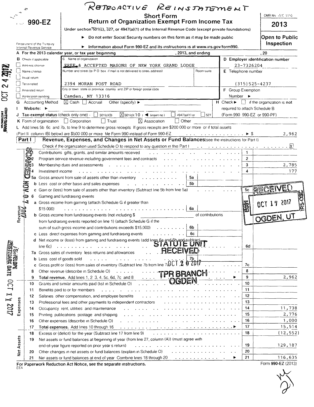 Image of first page of 2013 Form 990EO for Free and Accepted Masons of New York Philanthropic Lodge 164