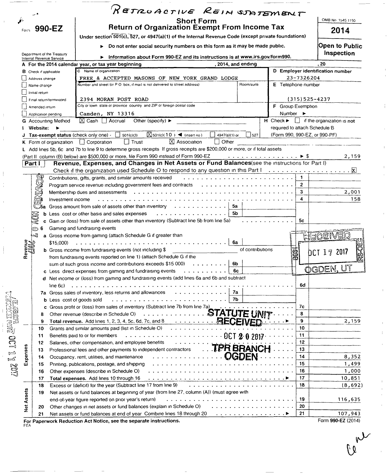 Image of first page of 2014 Form 990EO for Free and Accepted Masons of New York Philanthropic Lodge 164