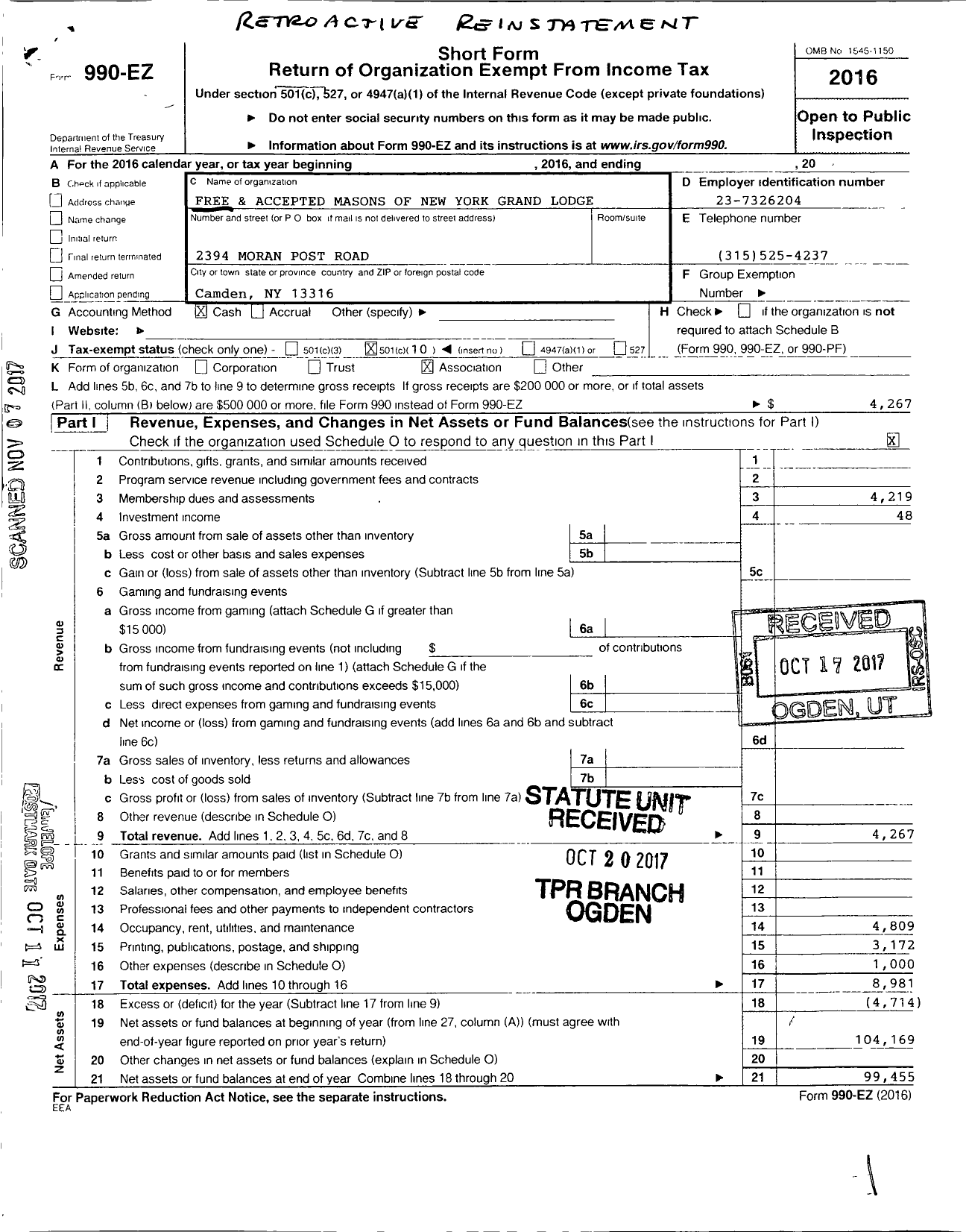 Image of first page of 2016 Form 990EO for Free and Accepted Masons of New York Philanthropic Lodge 164