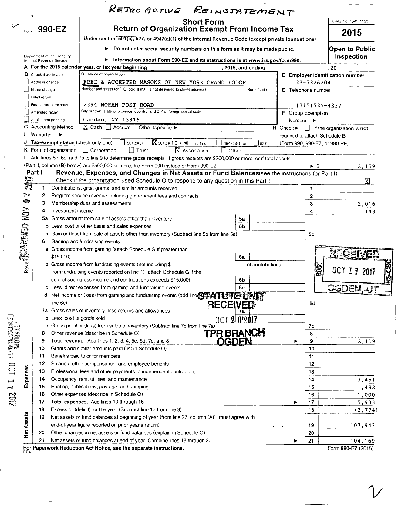 Image of first page of 2015 Form 990EO for Free and Accepted Masons of New York Philanthropic Lodge 164