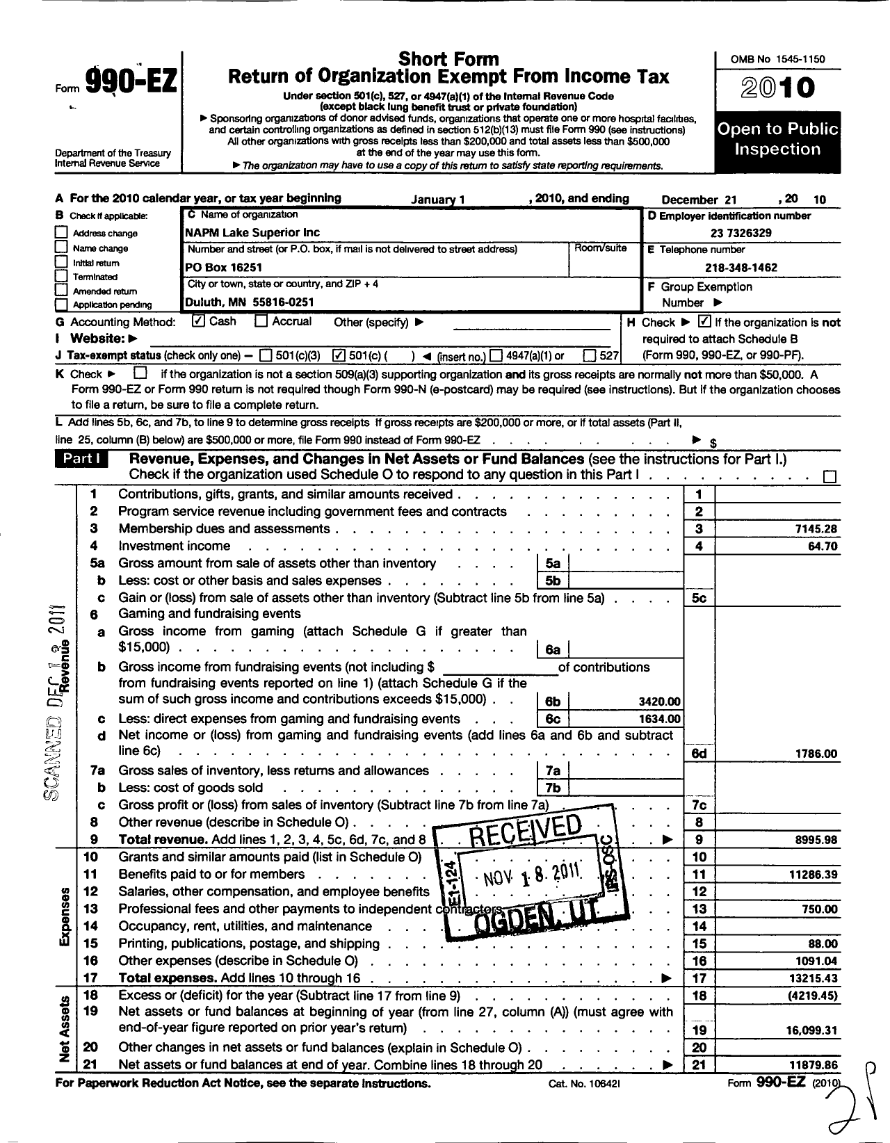 Image of first page of 2010 Form 990EO for Lake Superior Association of Purchasing Management