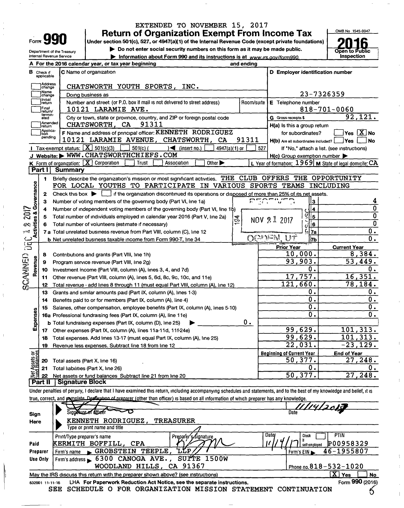 Image of first page of 2016 Form 990 for Chatsworth Youth Sports