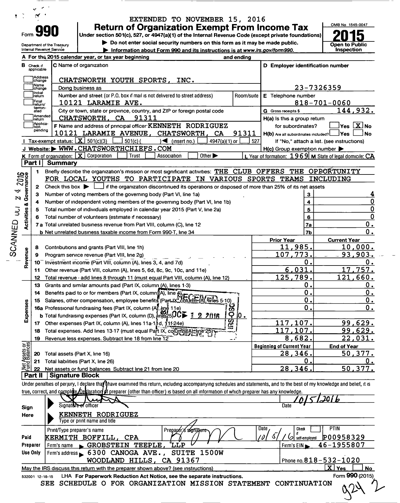 Image of first page of 2015 Form 990 for Chatsworth Youth Sports