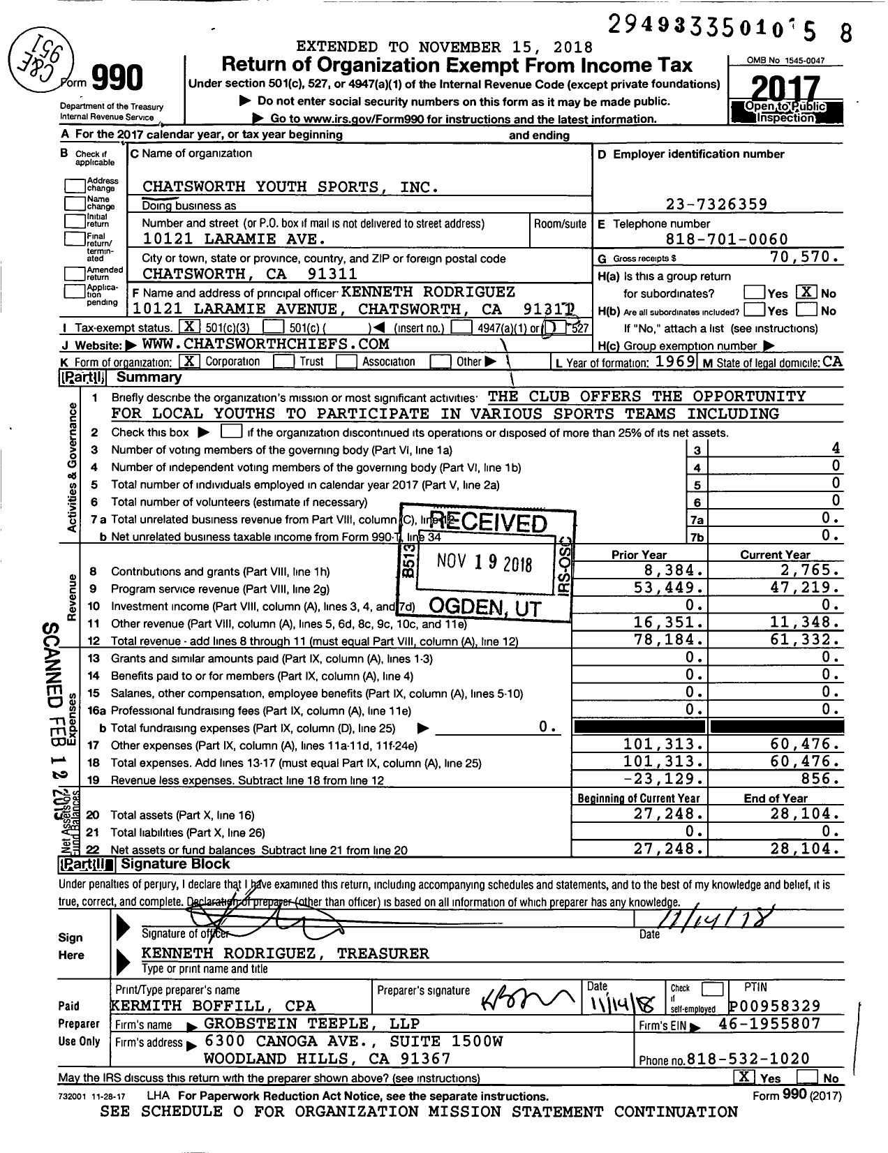 Image of first page of 2017 Form 990 for Chatsworth Youth Sports