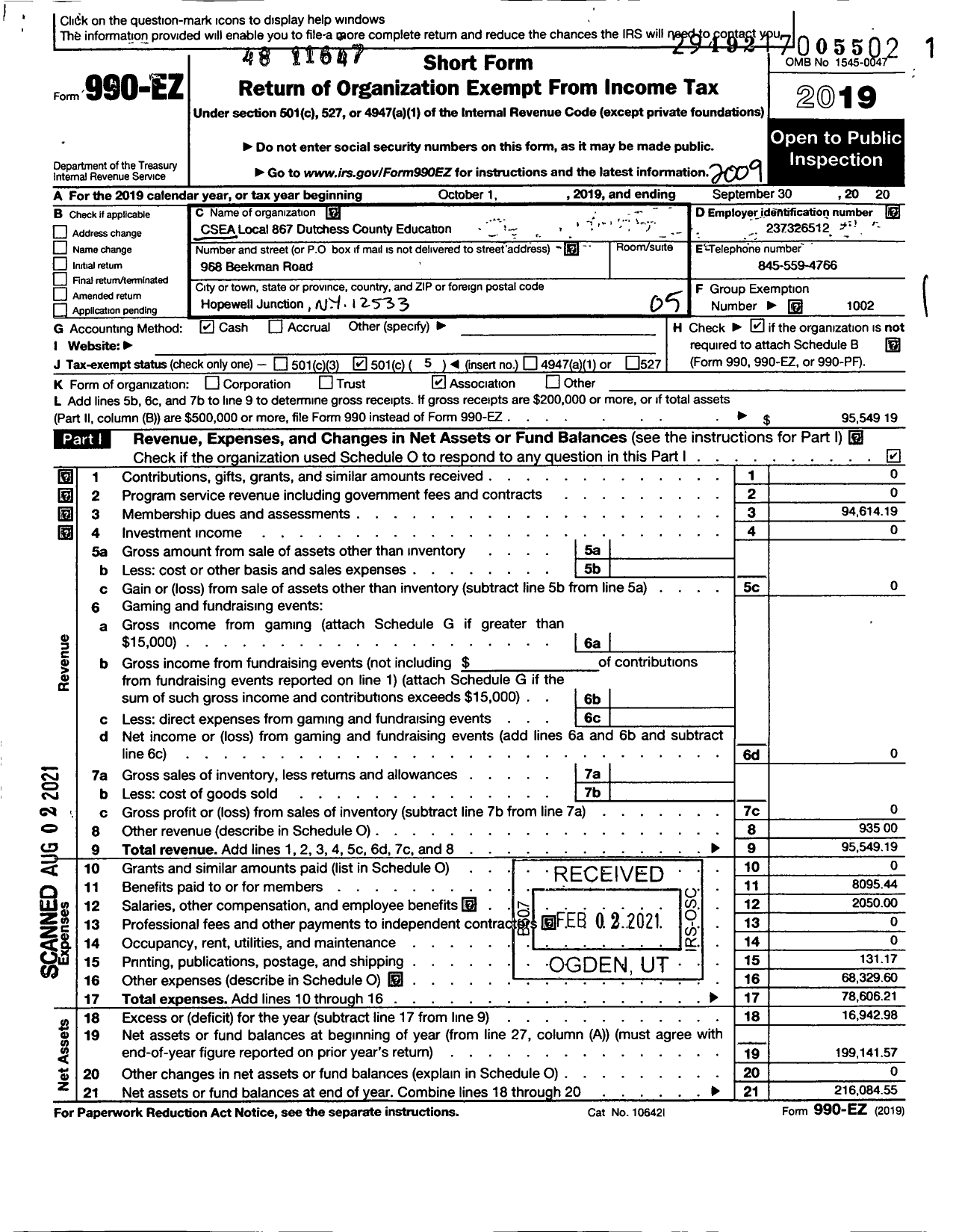 Image of first page of 2019 Form 990EO for Civil Service Employees Association - 0867-668001 Dutchess Co Educ Beacon