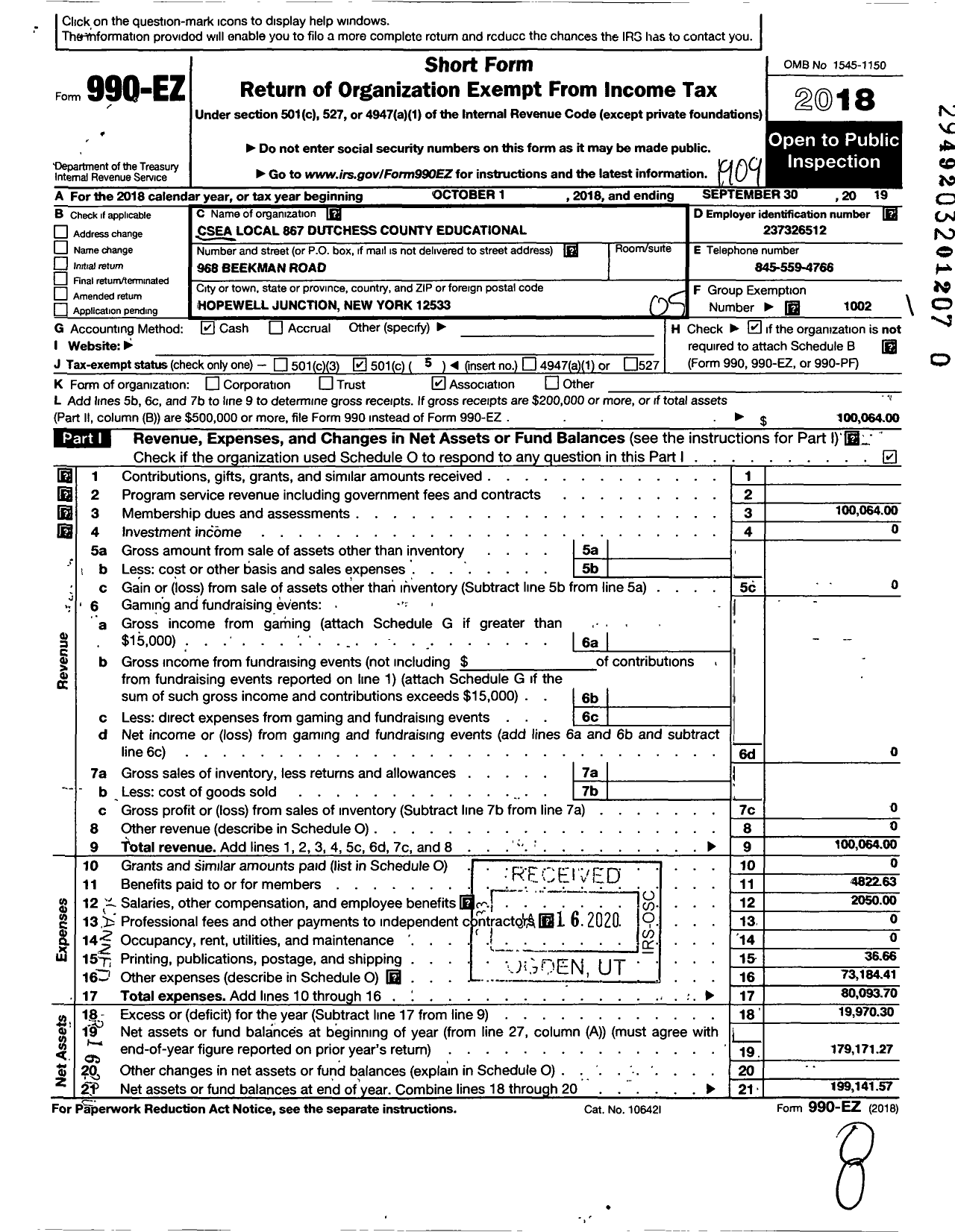 Image of first page of 2018 Form 990EO for Civil Service Employees Association - 0867-668001 Dutchess Co Educ Beacon