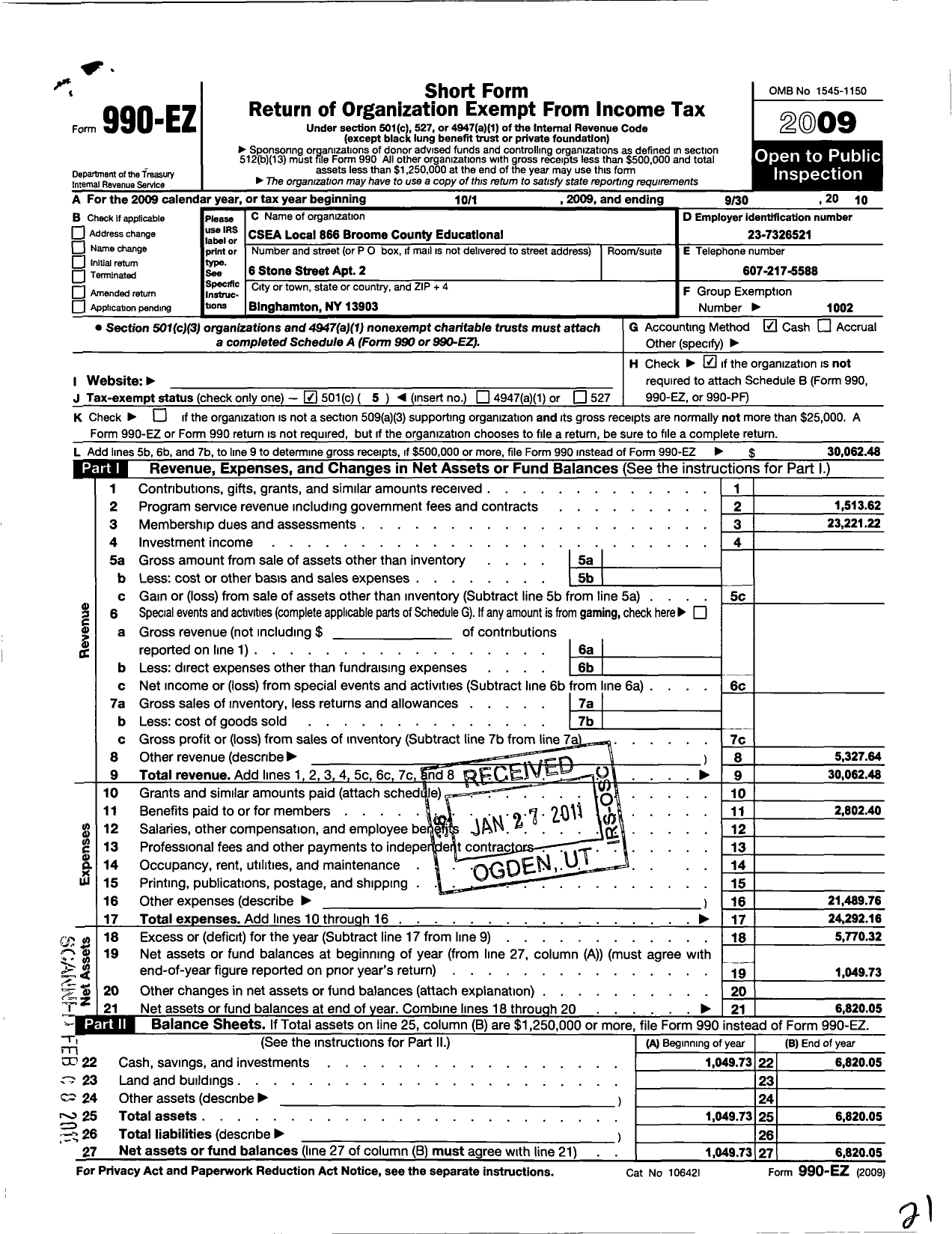 Image of first page of 2009 Form 990EO for Civil Service Employees Association - 0866 Broome Co Educational Emplys