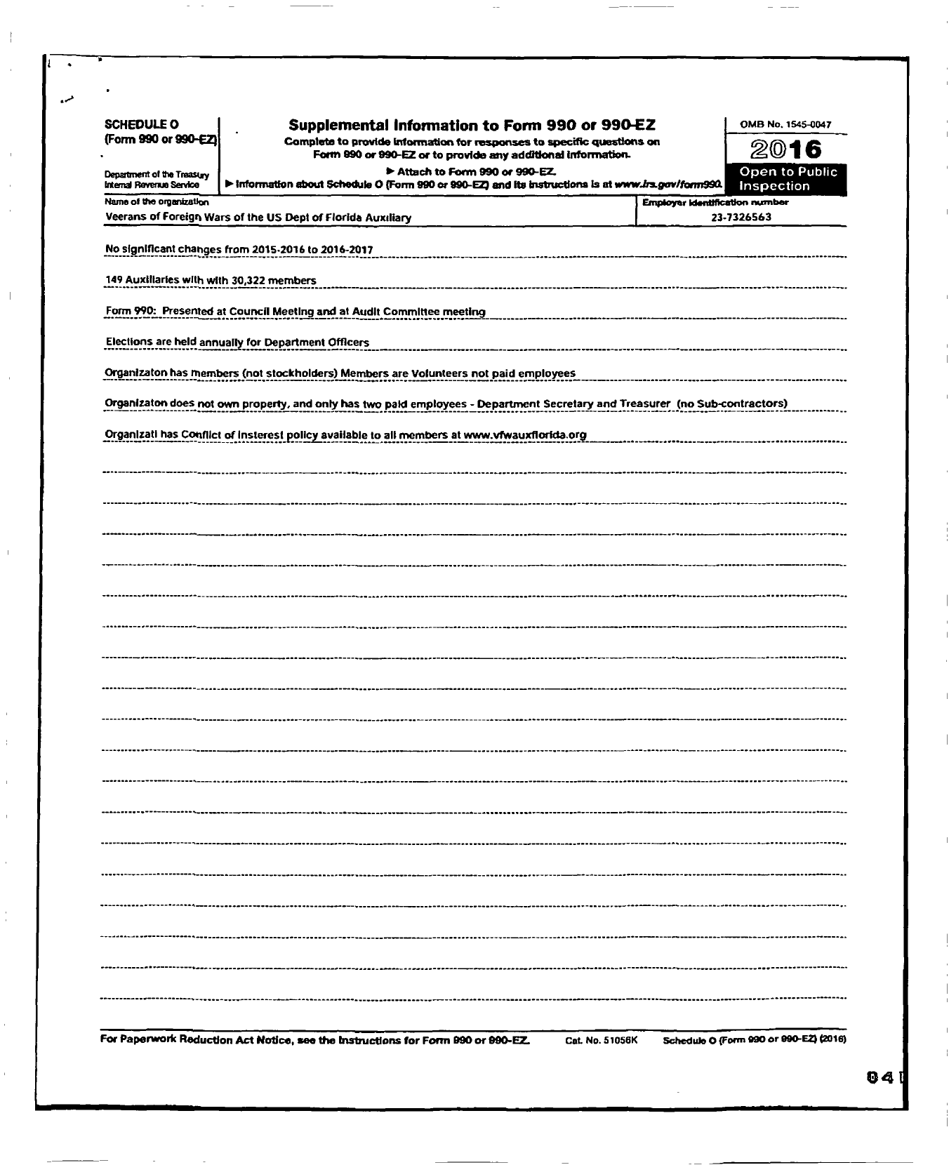 Image of first page of 2015 Form 990R for Veterans of Foreign Wars of the Us Dept of Florida Auxiliary