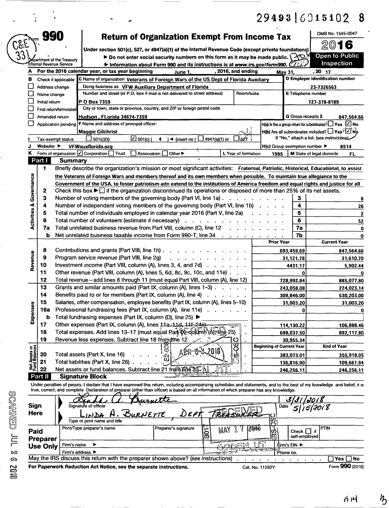 Image of first page of 2016 Form 990O for Veterans of Foreign Wars of the Us Dept of Florida Auxiliary
