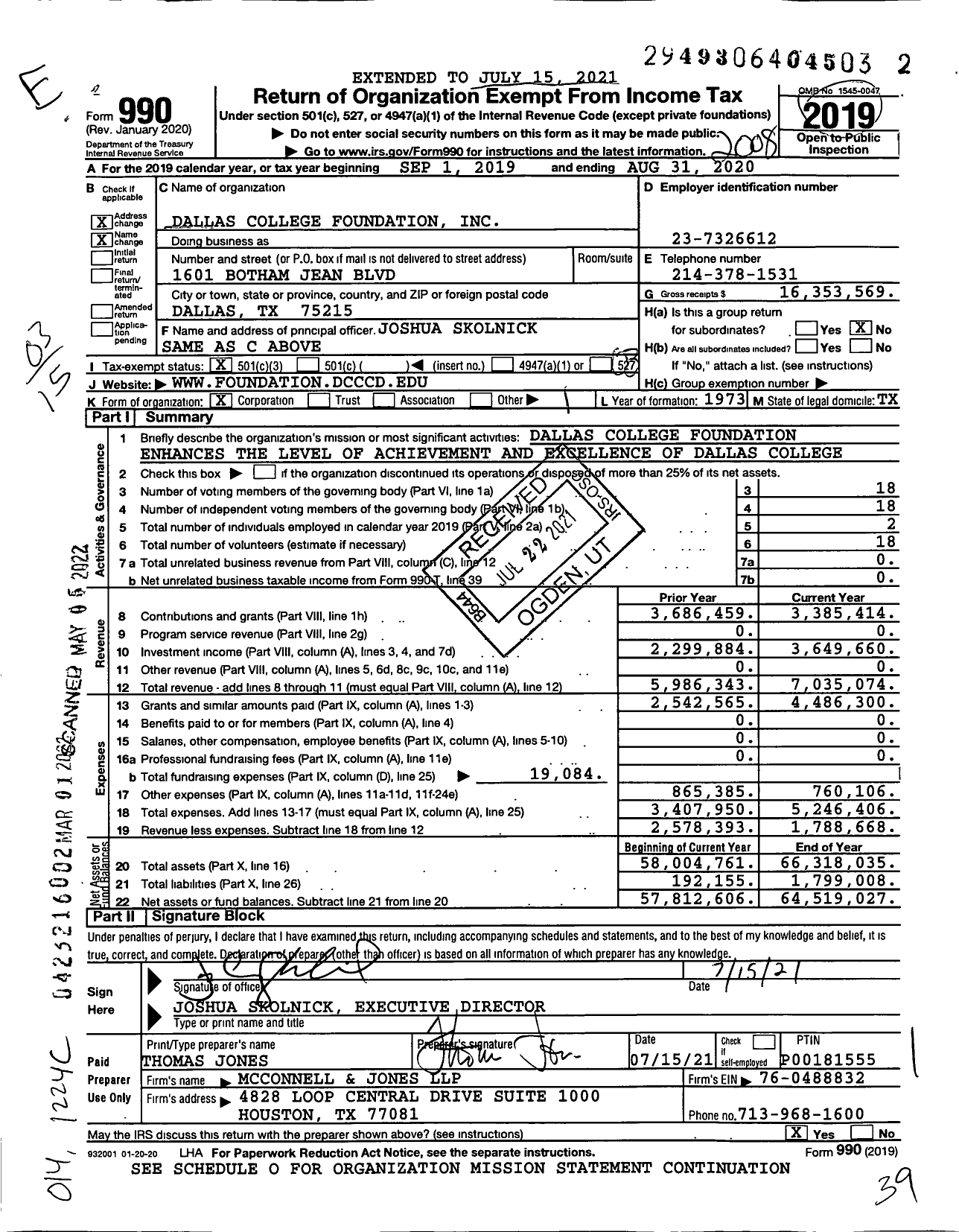 Image of first page of 2019 Form 990 for Dallas College Foundation (DCCCD)