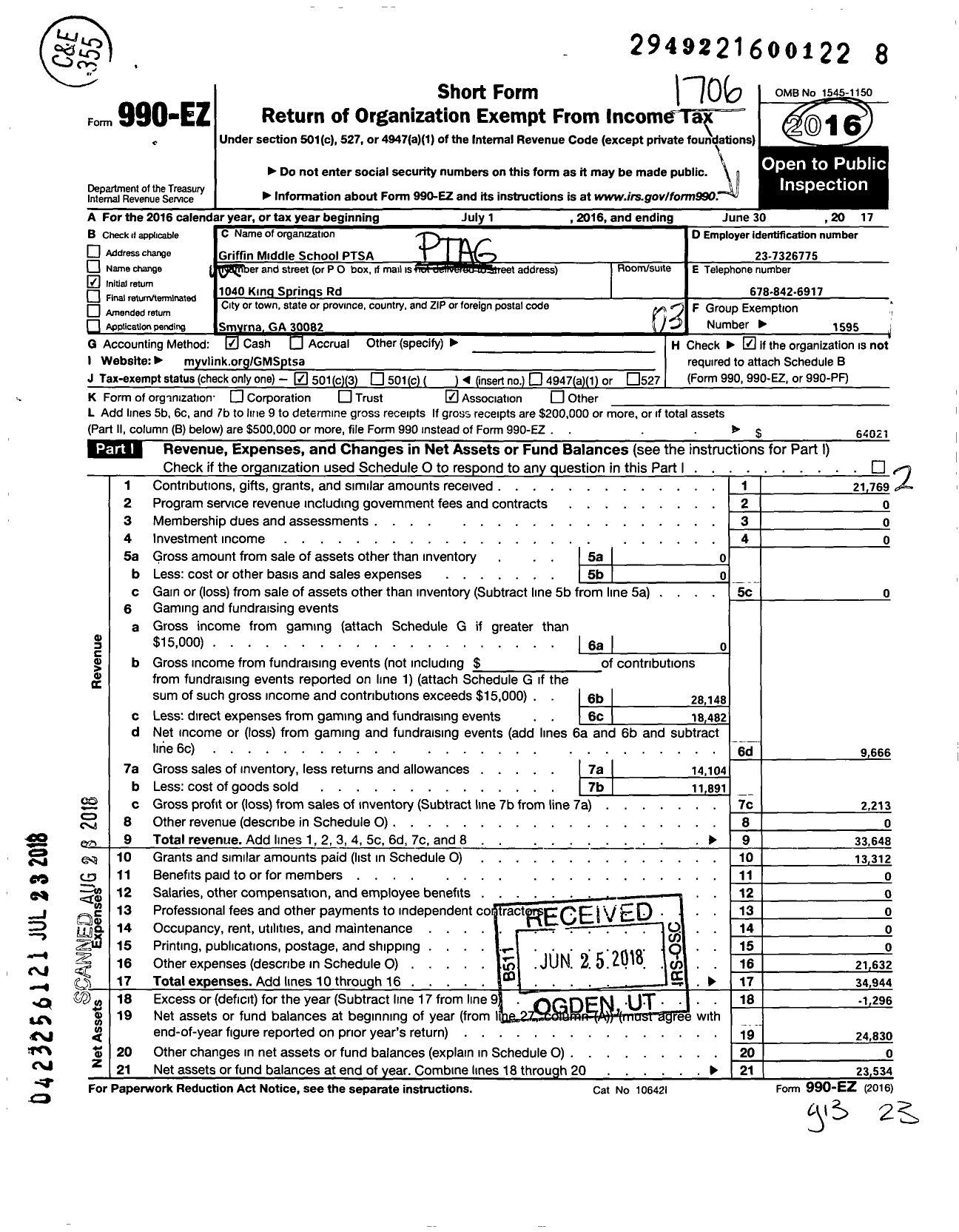 Image of first page of 2016 Form 990EZ for Georgia PTA - Jasper Griffin MS PTSA