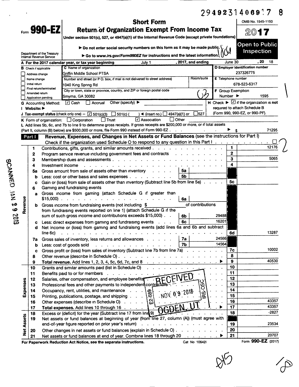 Image of first page of 2017 Form 990EZ for Georgia PTA - Jasper Griffin MS PTSA