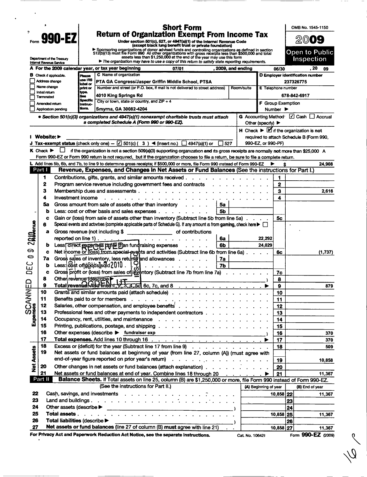 Image of first page of 2008 Form 990EZ for Georgia PTA - Jasper Griffin MS PTSA