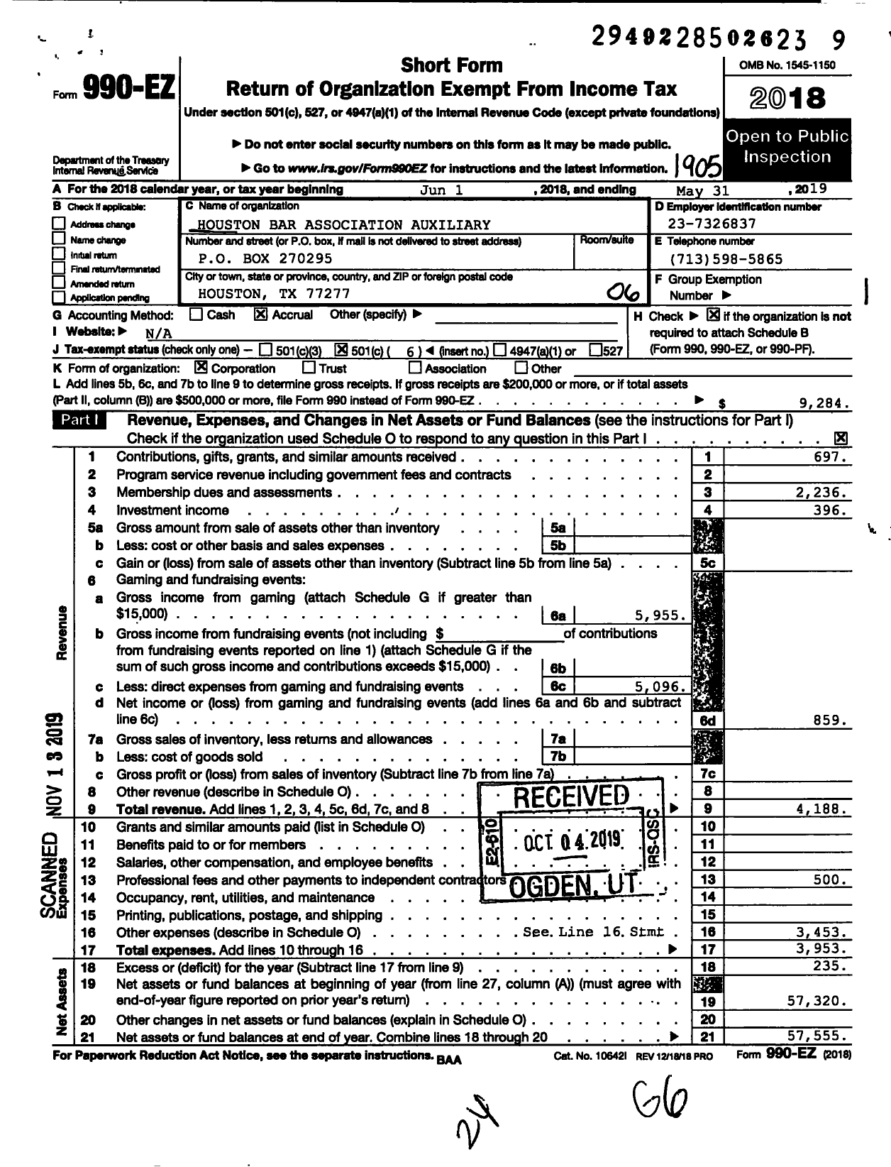 Image of first page of 2018 Form 990EO for Houston Bar Association Auxiliary