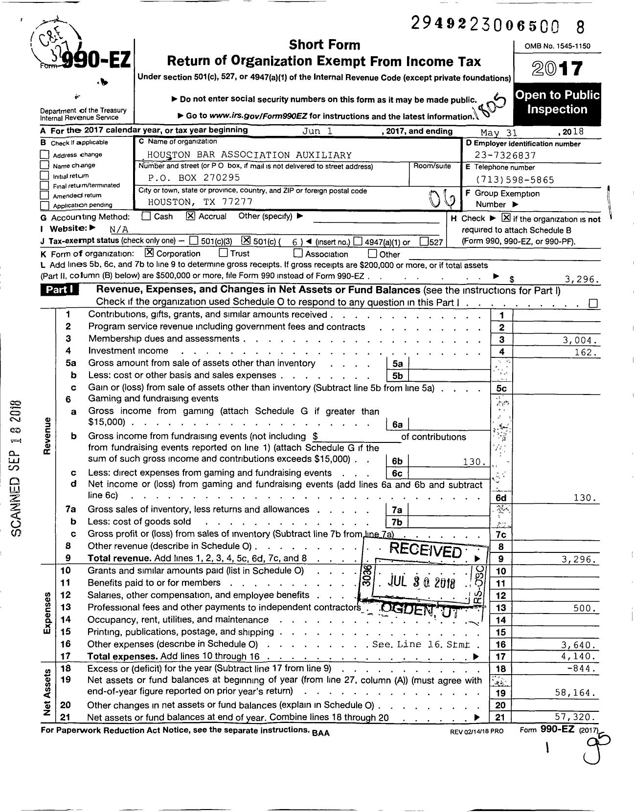 Image of first page of 2017 Form 990EO for Houston Bar Association Auxiliary