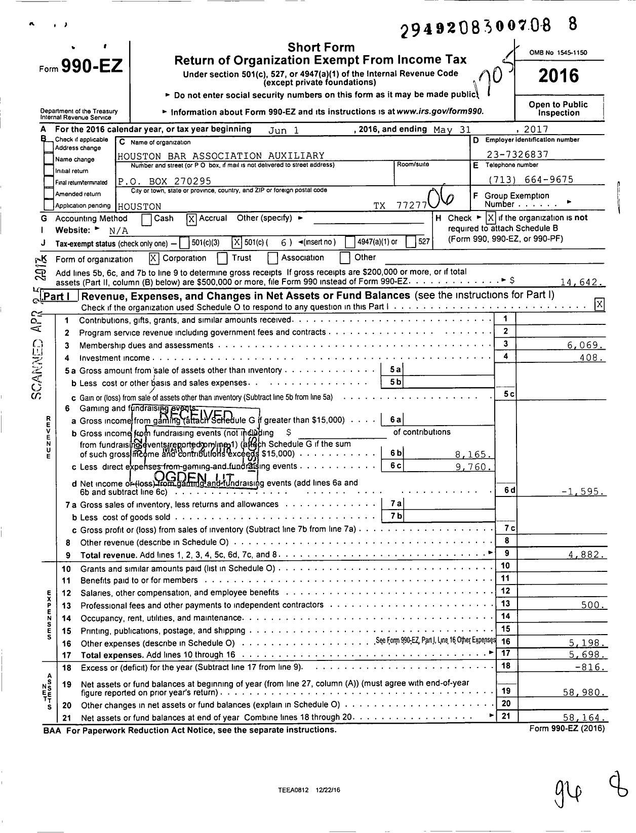 Image of first page of 2016 Form 990EO for Houston Bar Association Auxiliary