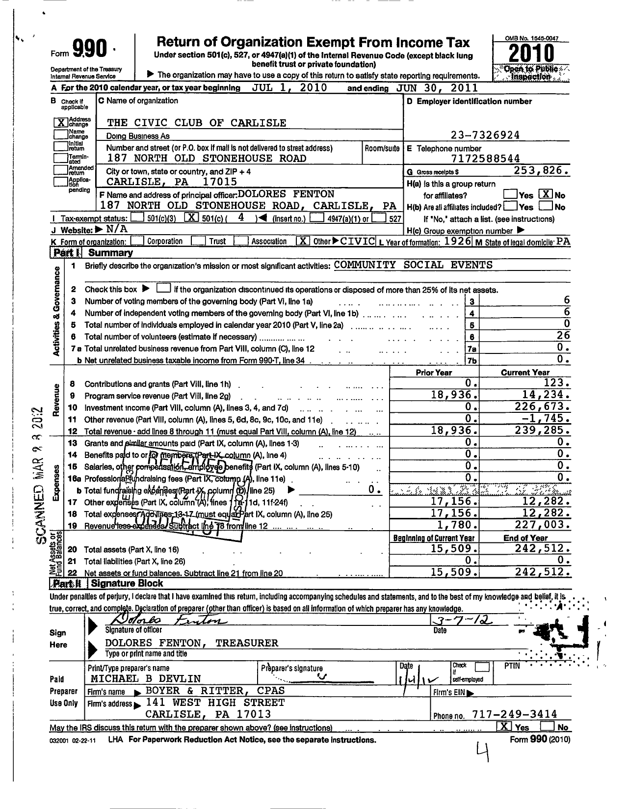 Image of first page of 2010 Form 990O for The Civic Club of Carlisle Pennsylvania