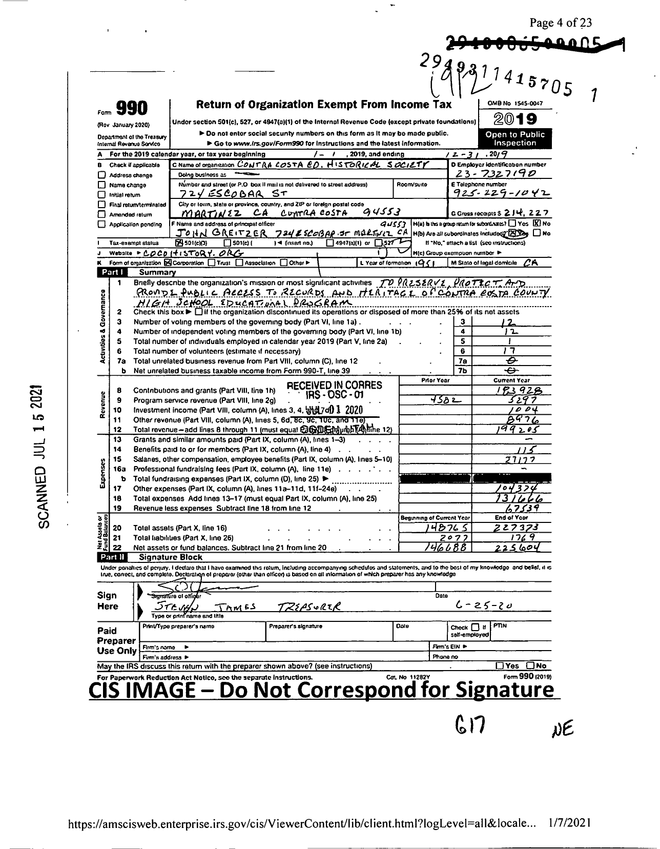 Image of first page of 2019 Form 990 for Contra Costa County Historical Society