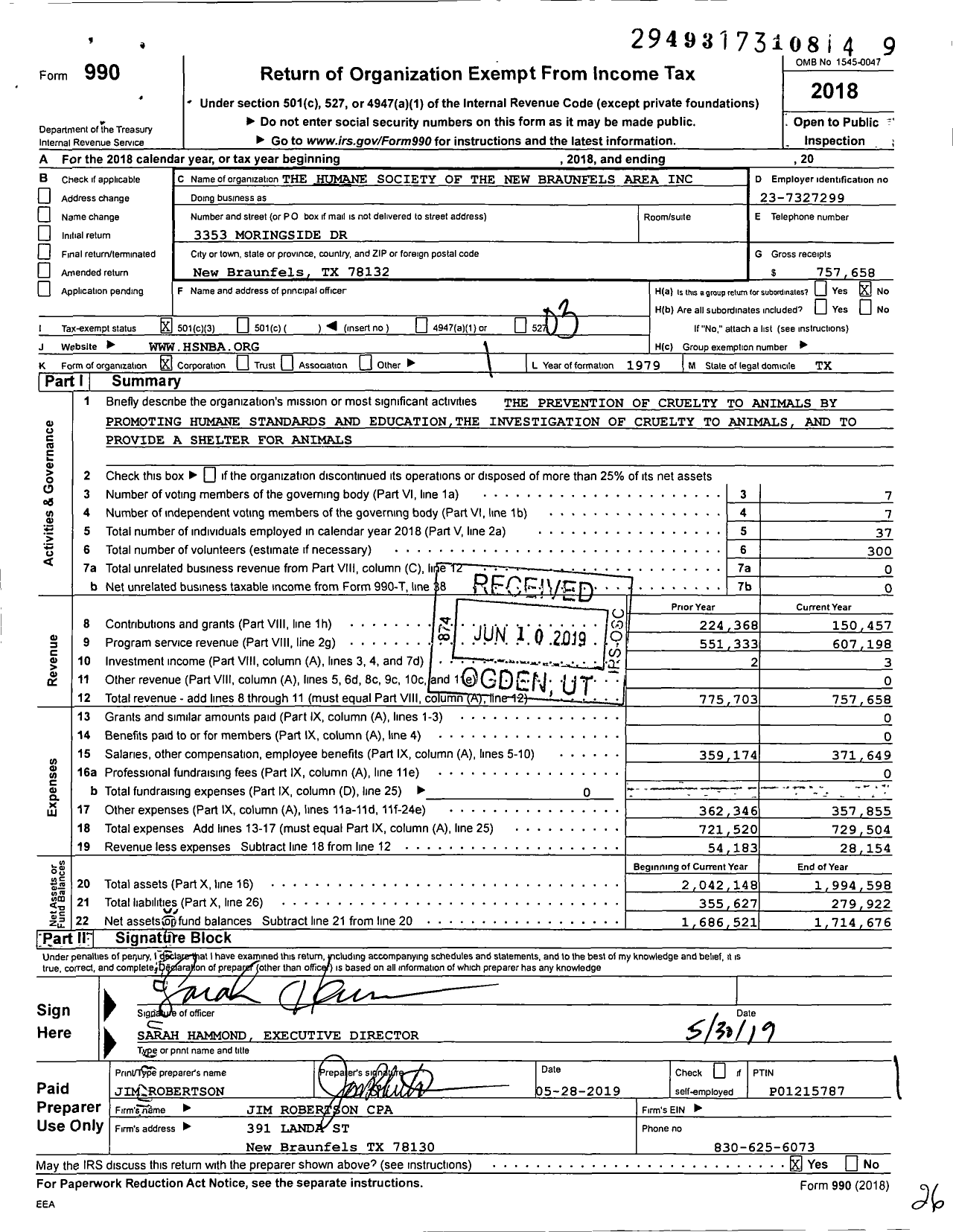Image of first page of 2018 Form 990 for the Humane Society of the New Braunfels Area (HSNBA)