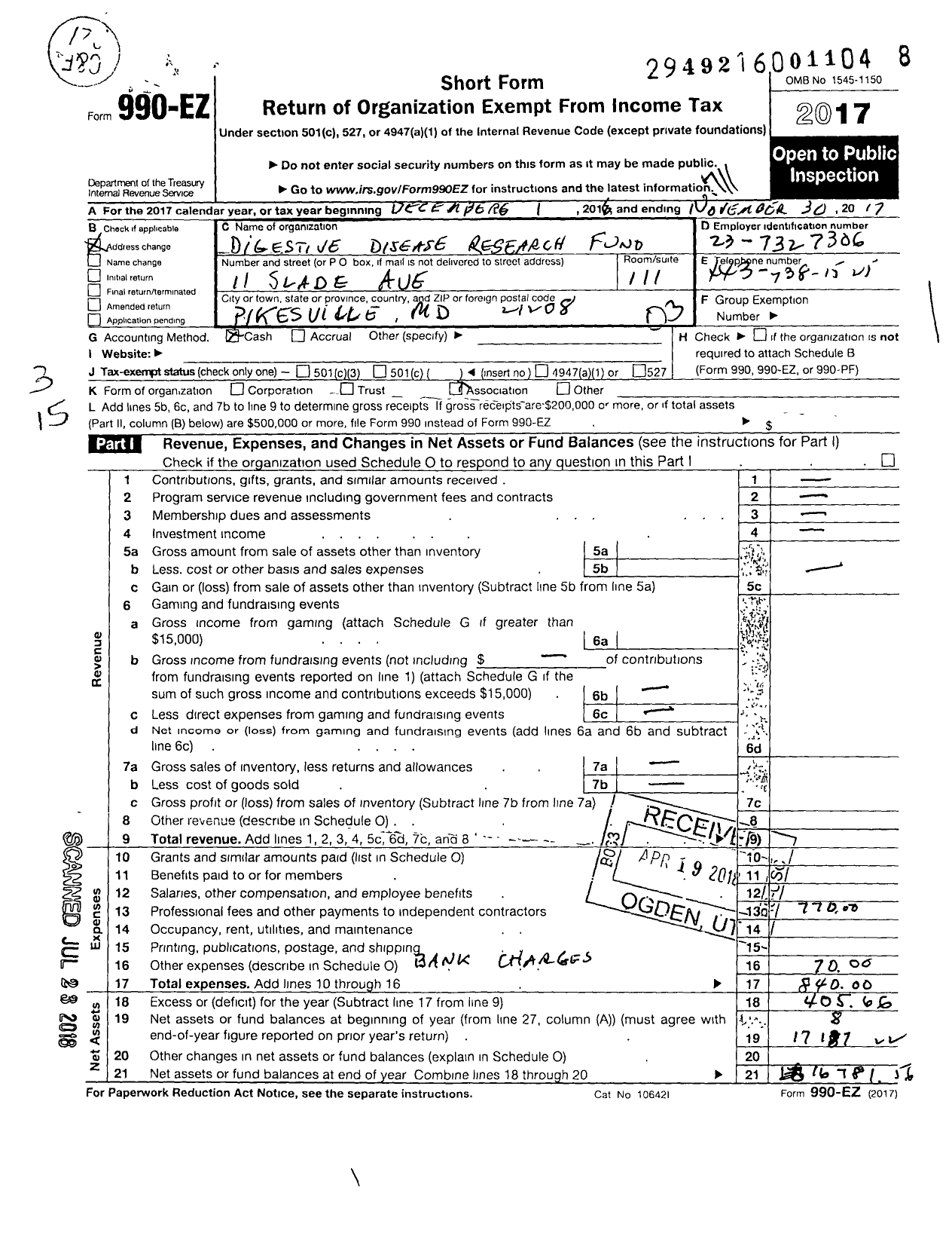 Image of first page of 2016 Form 990EZ for Digestive Disease Research Fund