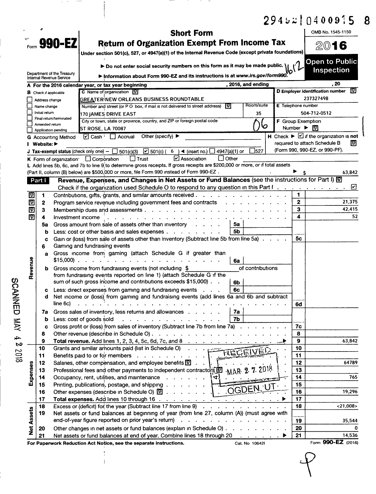 Image of first page of 2016 Form 990EO for Greater New Orleans Business Roundtable