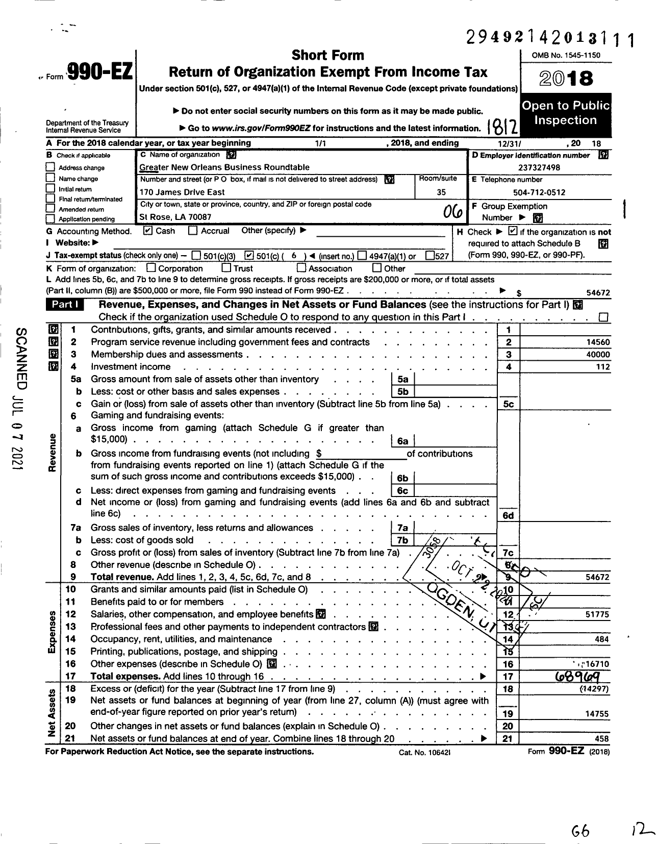 Image of first page of 2018 Form 990EO for Greater New Orleans Business Roundtable