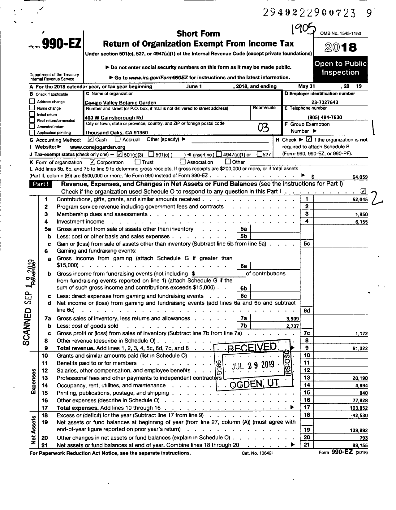 Image of first page of 2018 Form 990EZ for Conejo Valley Botanic Garden