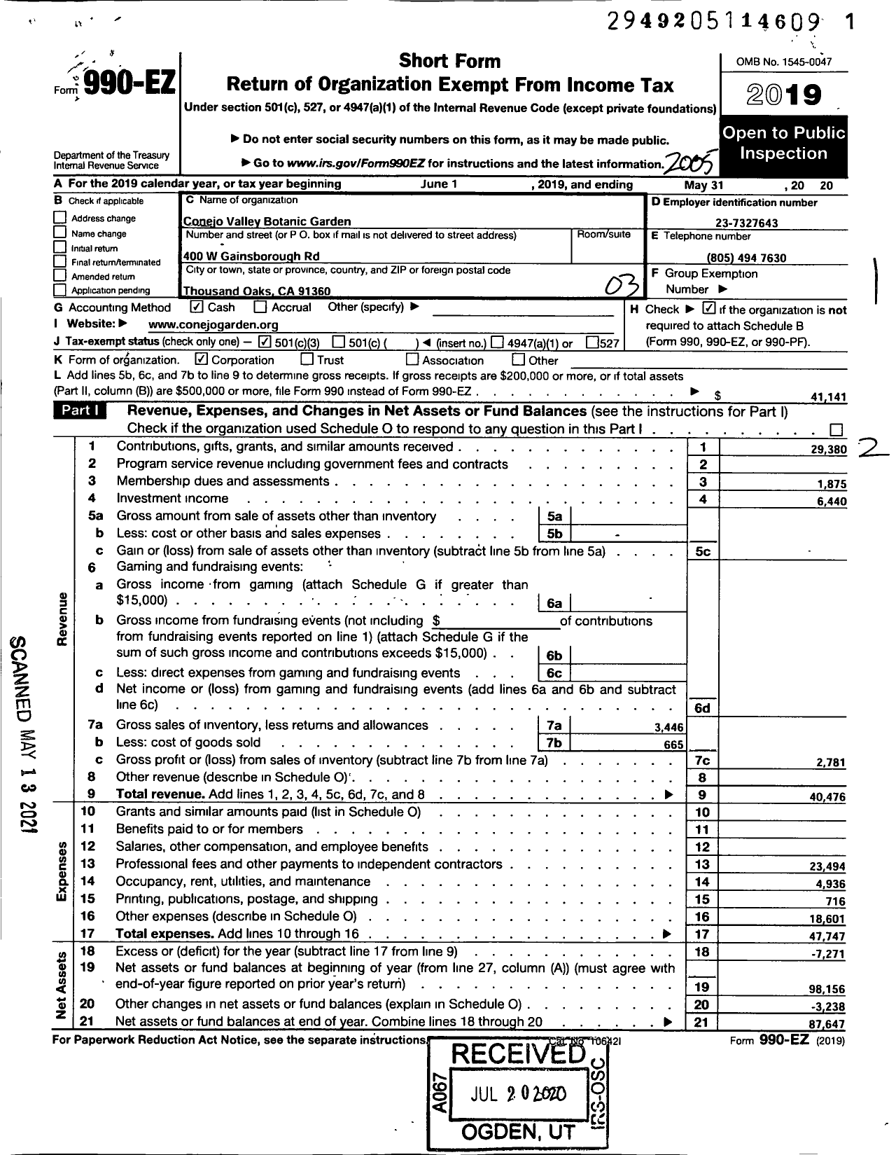 Image of first page of 2019 Form 990EZ for Conejo Valley Botanic Garden