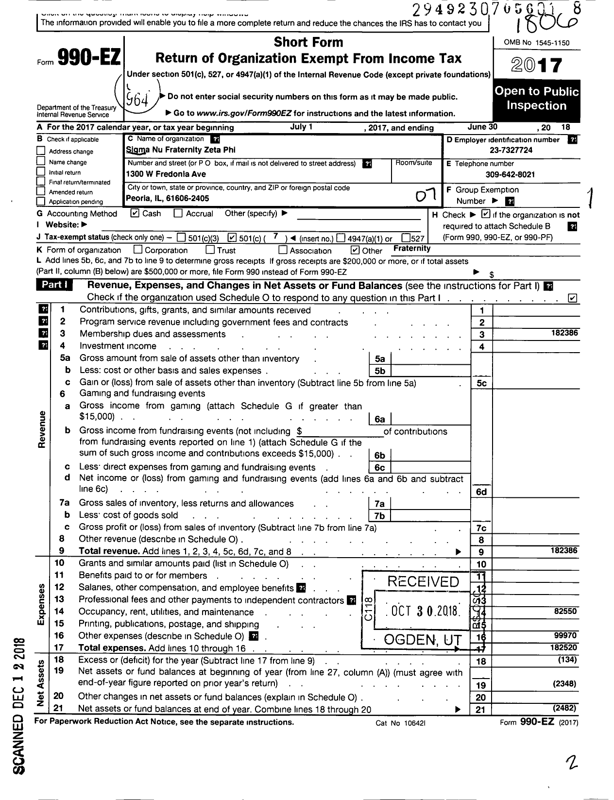 Image of first page of 2017 Form 990EO for Sigma Nu Fraternity / Zeta Phi