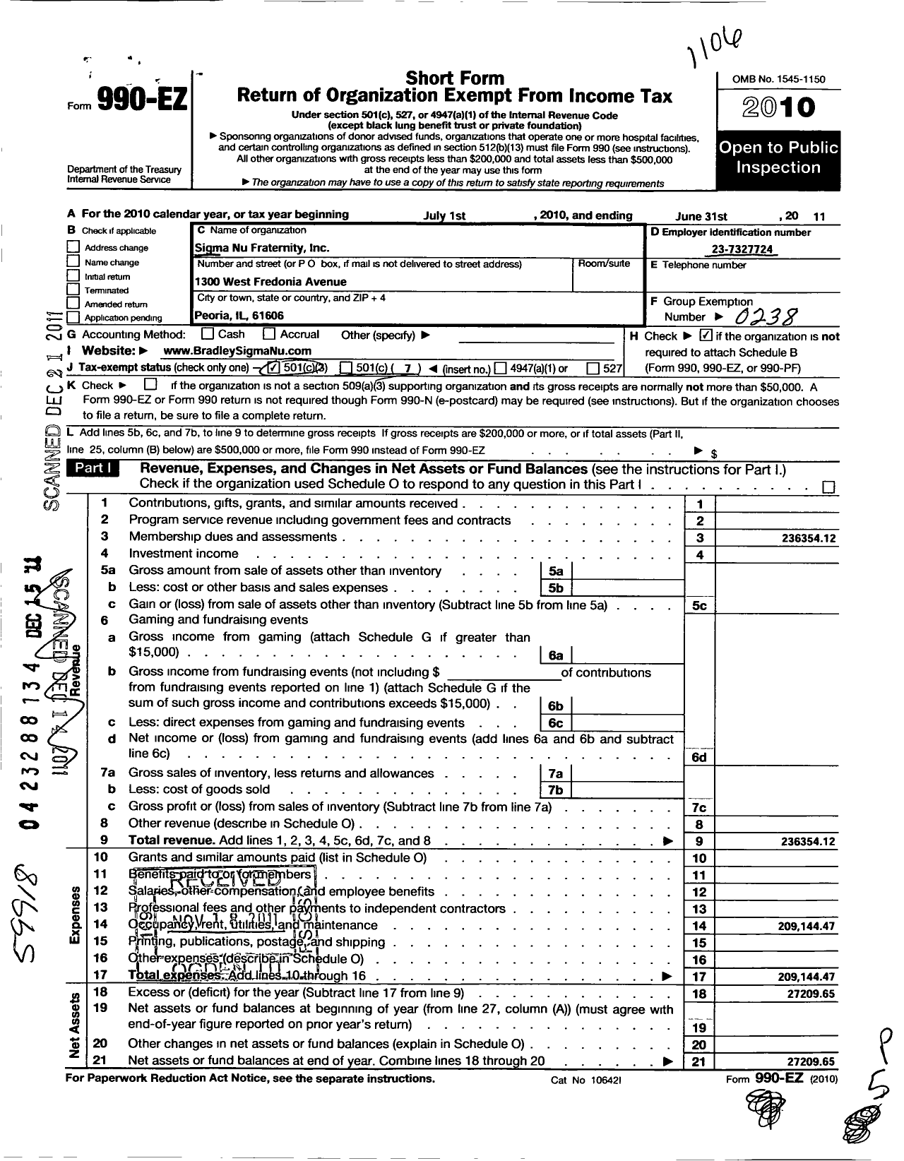 Image of first page of 2010 Form 990EO for Sigma Nu Fraternity / Zeta Phi