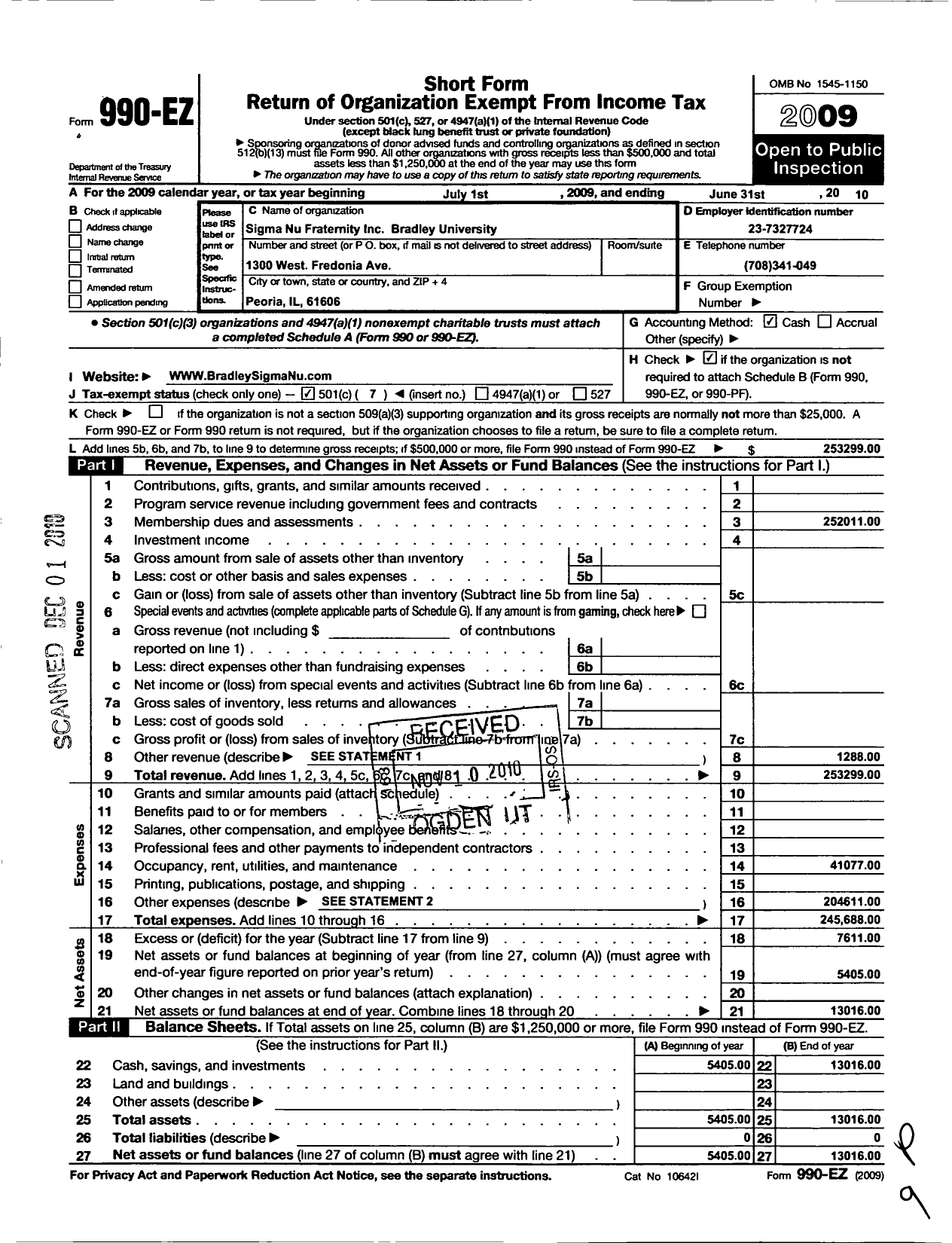 Image of first page of 2009 Form 990EO for Sigma Nu Fraternity / Zeta Phi