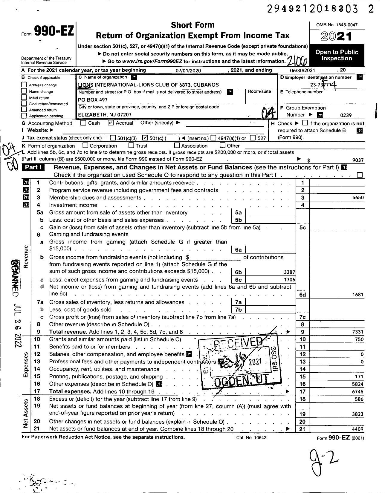 Image of first page of 2020 Form 990EO for Lions Clubs - 6873 Elizabeth Cubanos