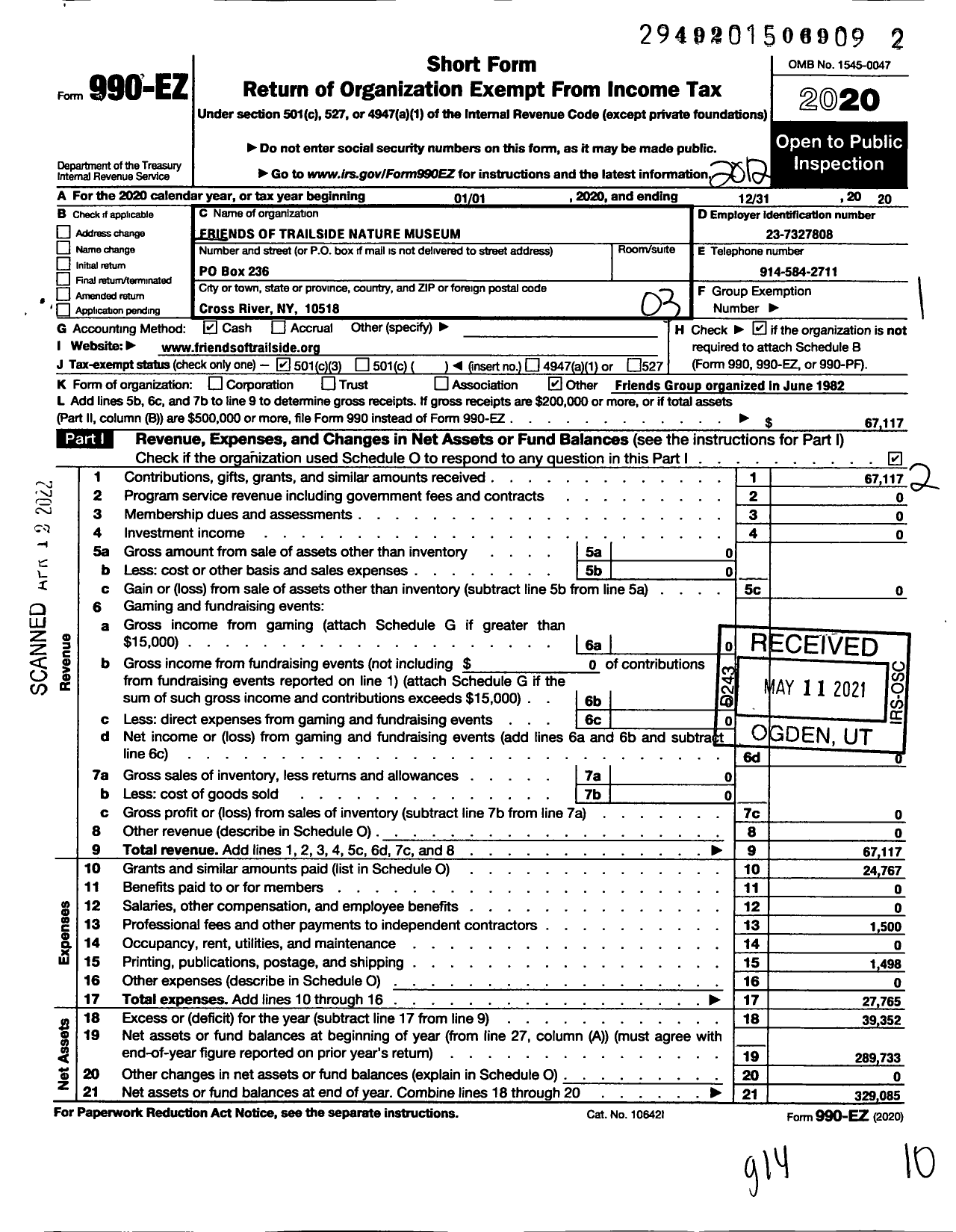 Image of first page of 2020 Form 990EZ for Friends of Trailside Nature Museum